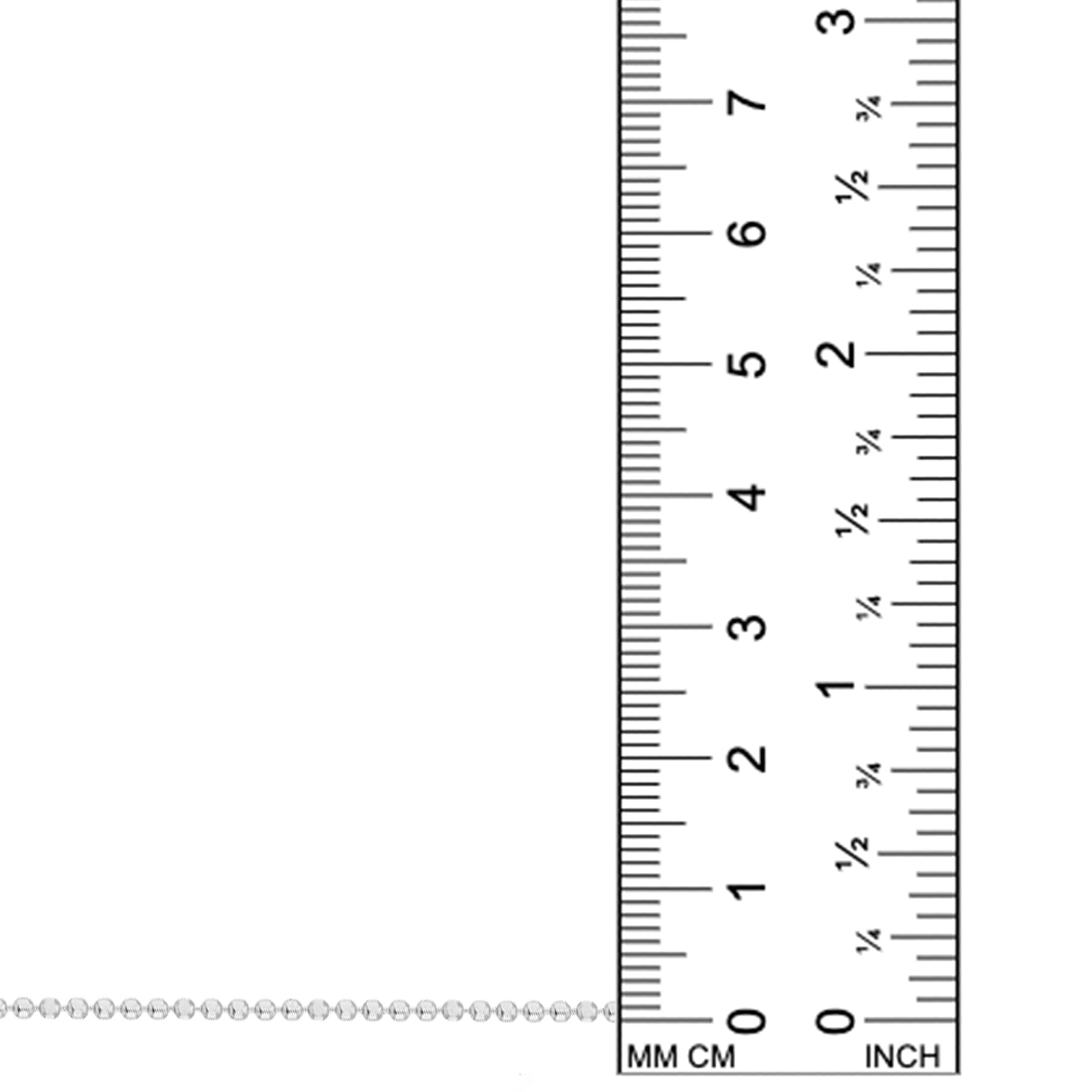 AMANDA PEARL 1.2mm Diamond Cut Bead Chain in Sterling Silver against a white background with a ruler next to it.