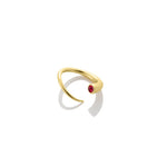 14k recycled yellow gold Quill Bypass Ring with bezel set Ruby on a white background.