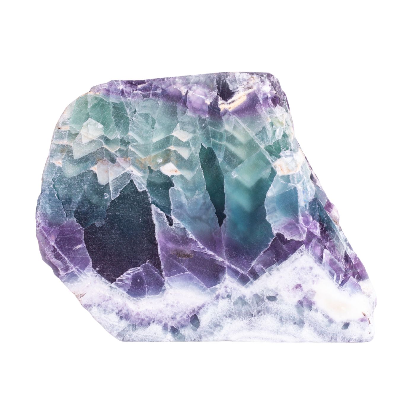 Hunk of fluorite crystal on a white background.