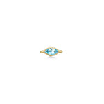 A 14K yellow gold marquise ring, with a bezel set faceted blue topaz gemstone, sits on a white background with drop shadow.