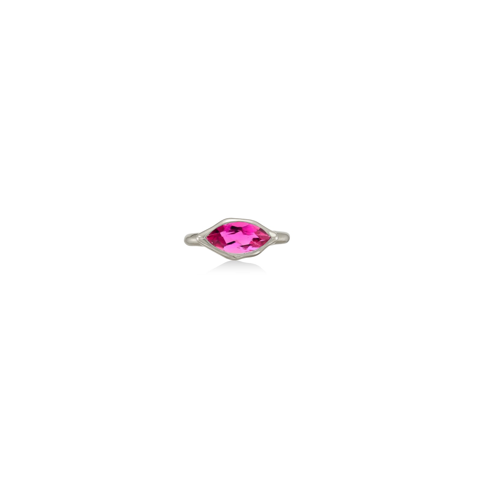 A 14K white gold marquise ring, with a bezel set faceted pink topaz gemstone, sits on a white background with drop shadow.