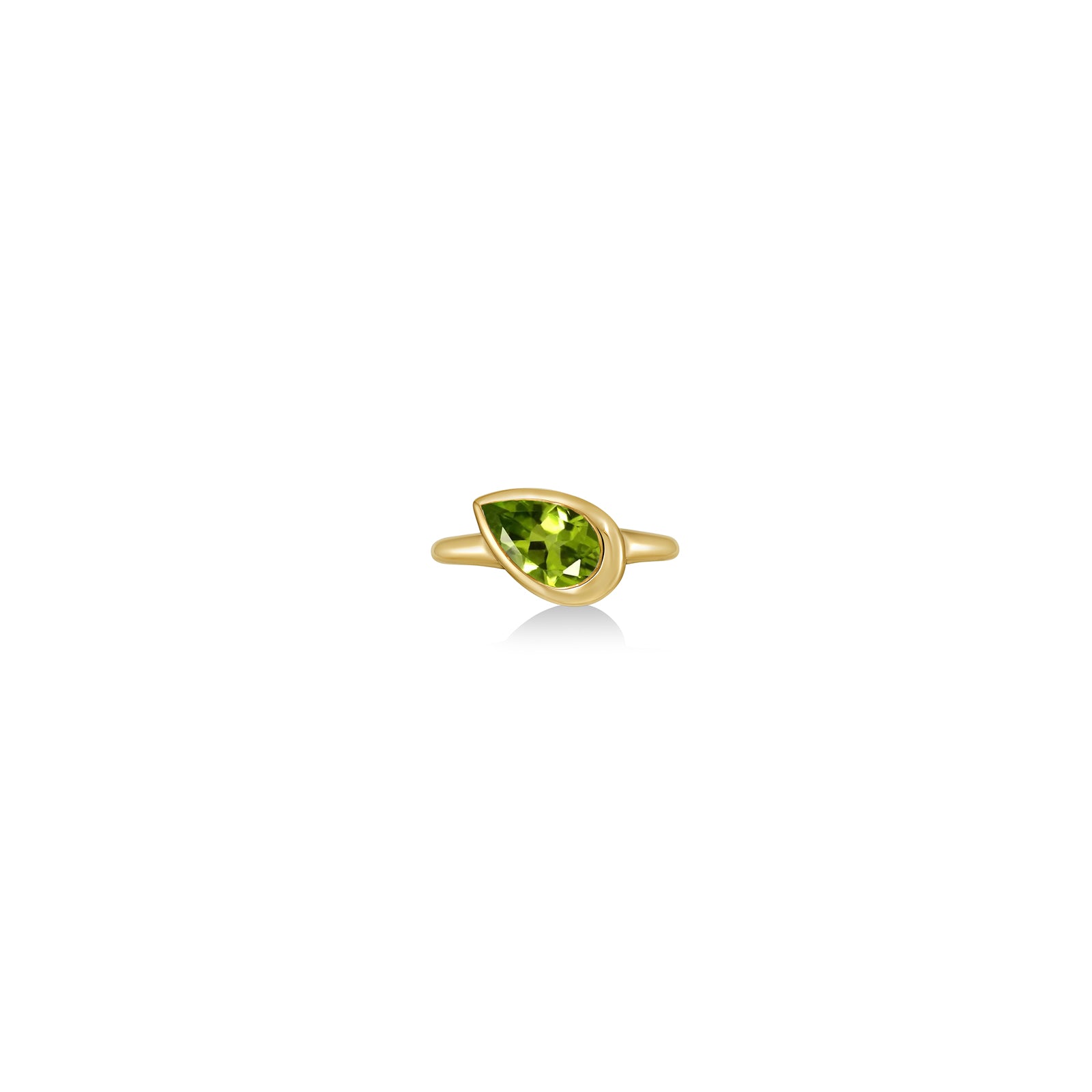 A 14k yellow gold molten solitaire ring with pear-shaped peridot on a white background.
