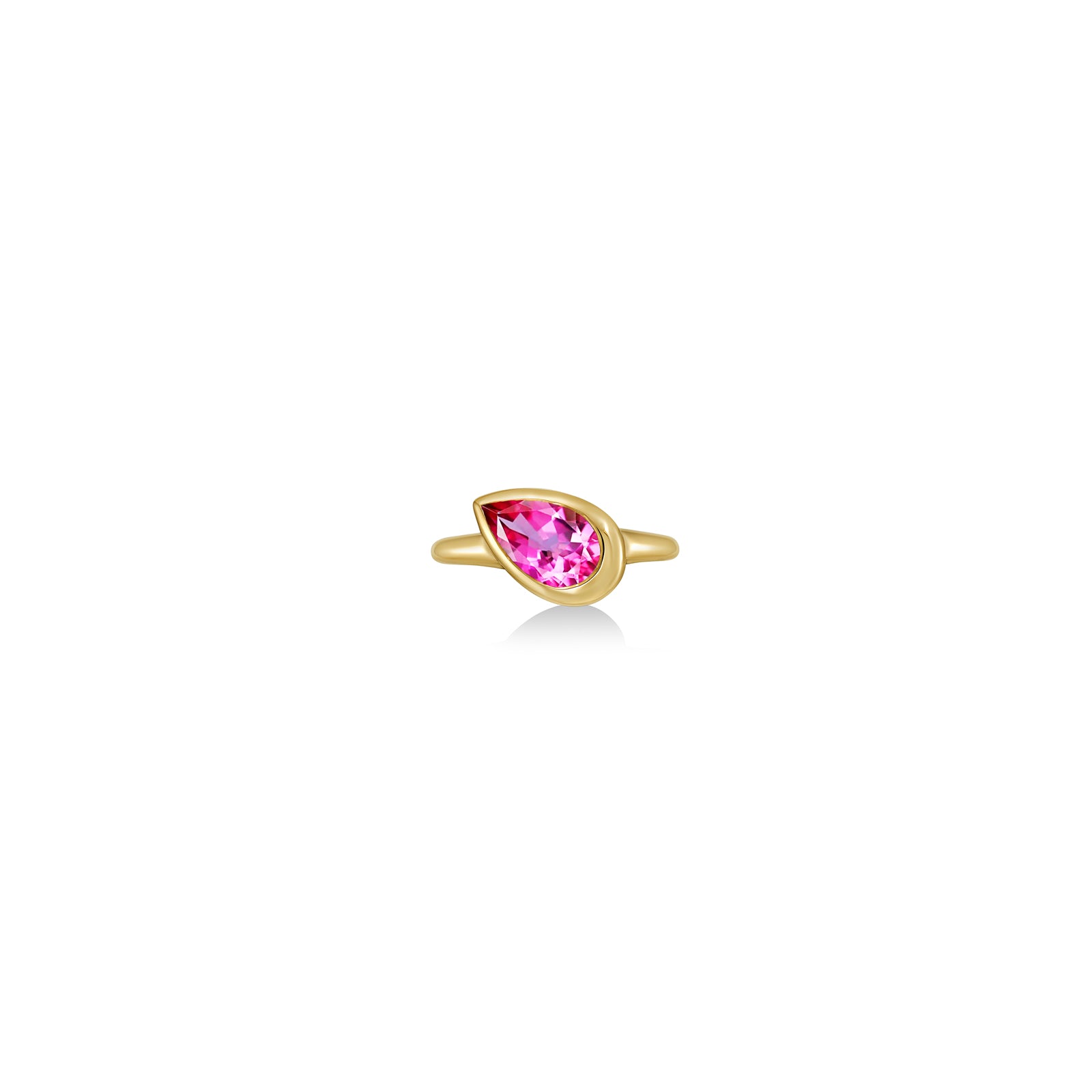 A 14k yellow gold molten solitaire ring with pear-shaped pink topaz on a white background.