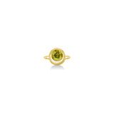 A 14K yellow gold round ring, with a bezel set faceted green tourmaline gemstone, sits on a white background with drop shadow.