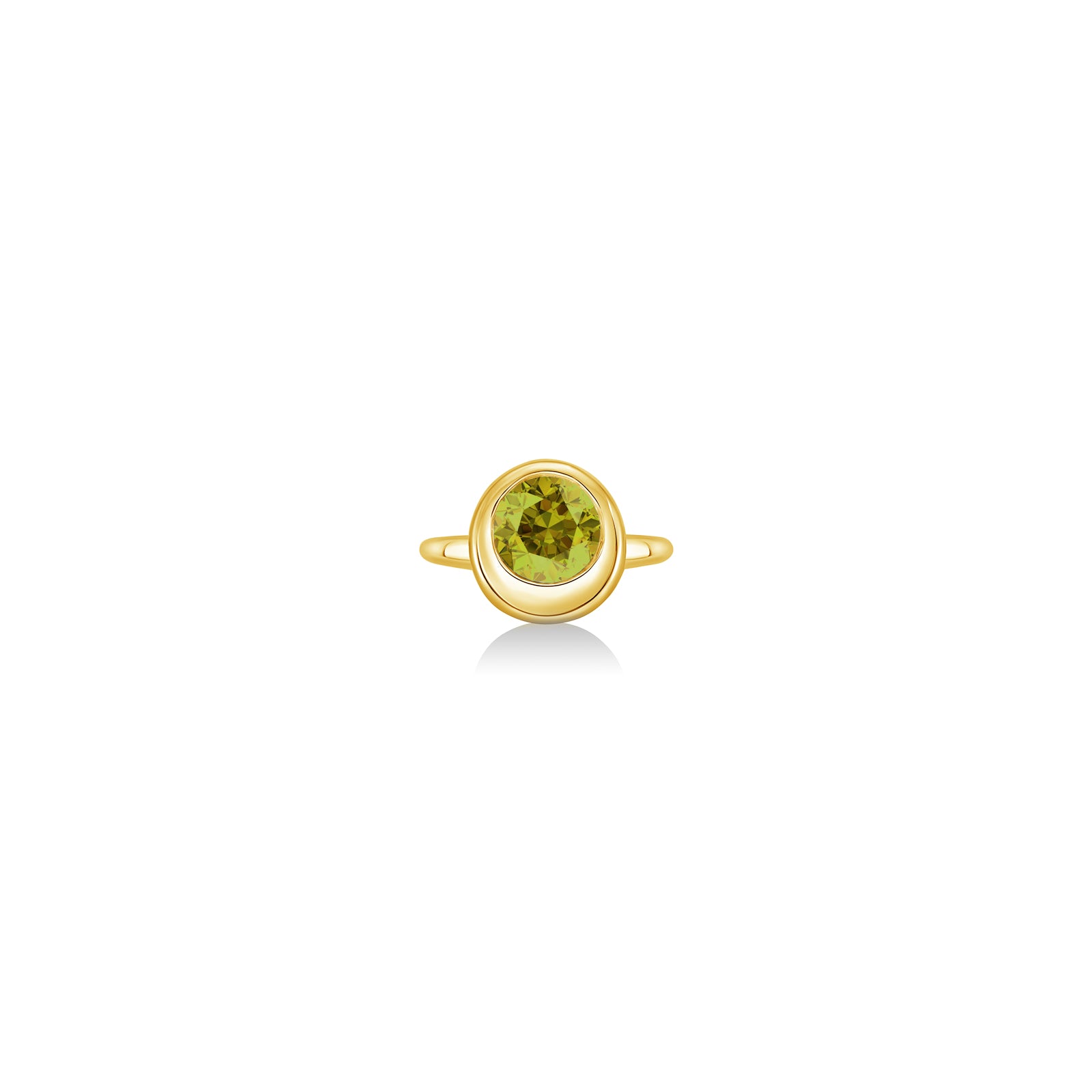 A 14K yellow gold round ring, with a bezel set faceted green tourmaline gemstone, sits on a white background with drop shadow.