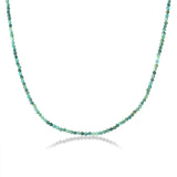Shimmering slim gemstone beaded necklace made of 2mm faceted stones in Turquoise on a gold linking lobster clasp on a white background