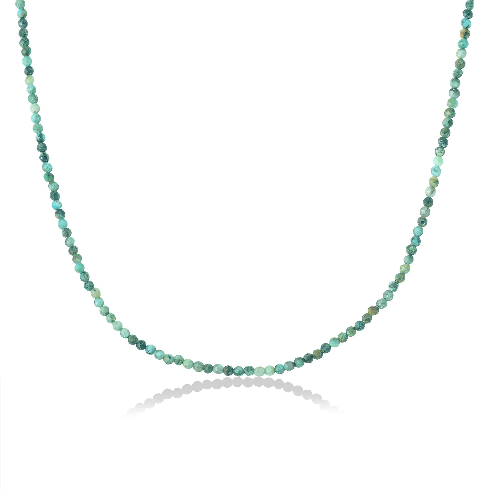 Shimmering slim gemstone beaded necklace made of 2mm faceted stones in Turquoise on a gold linking lobster clasp on a white background