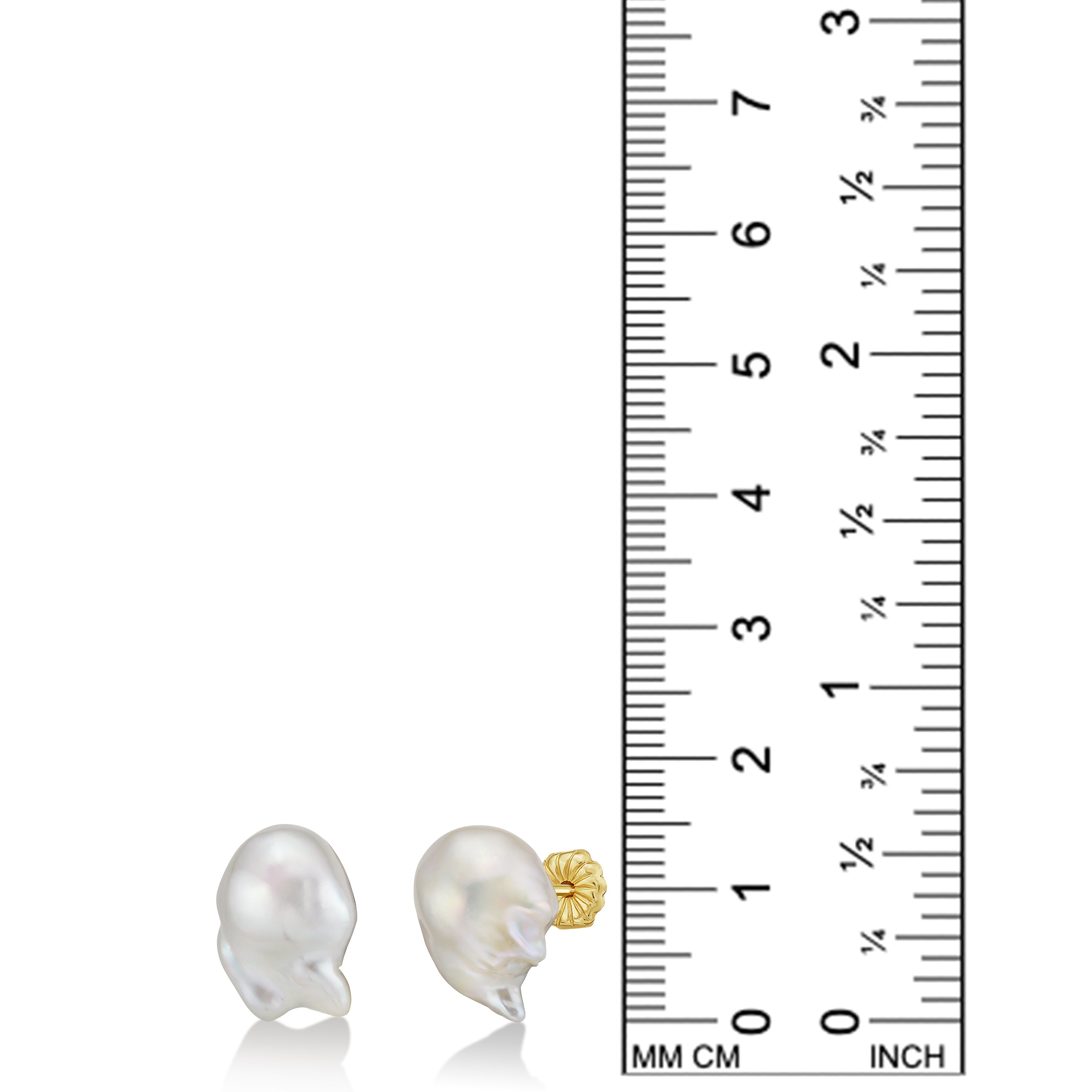 Baroque Pearl Stud Earring with 14K gold post on a white background with ruler