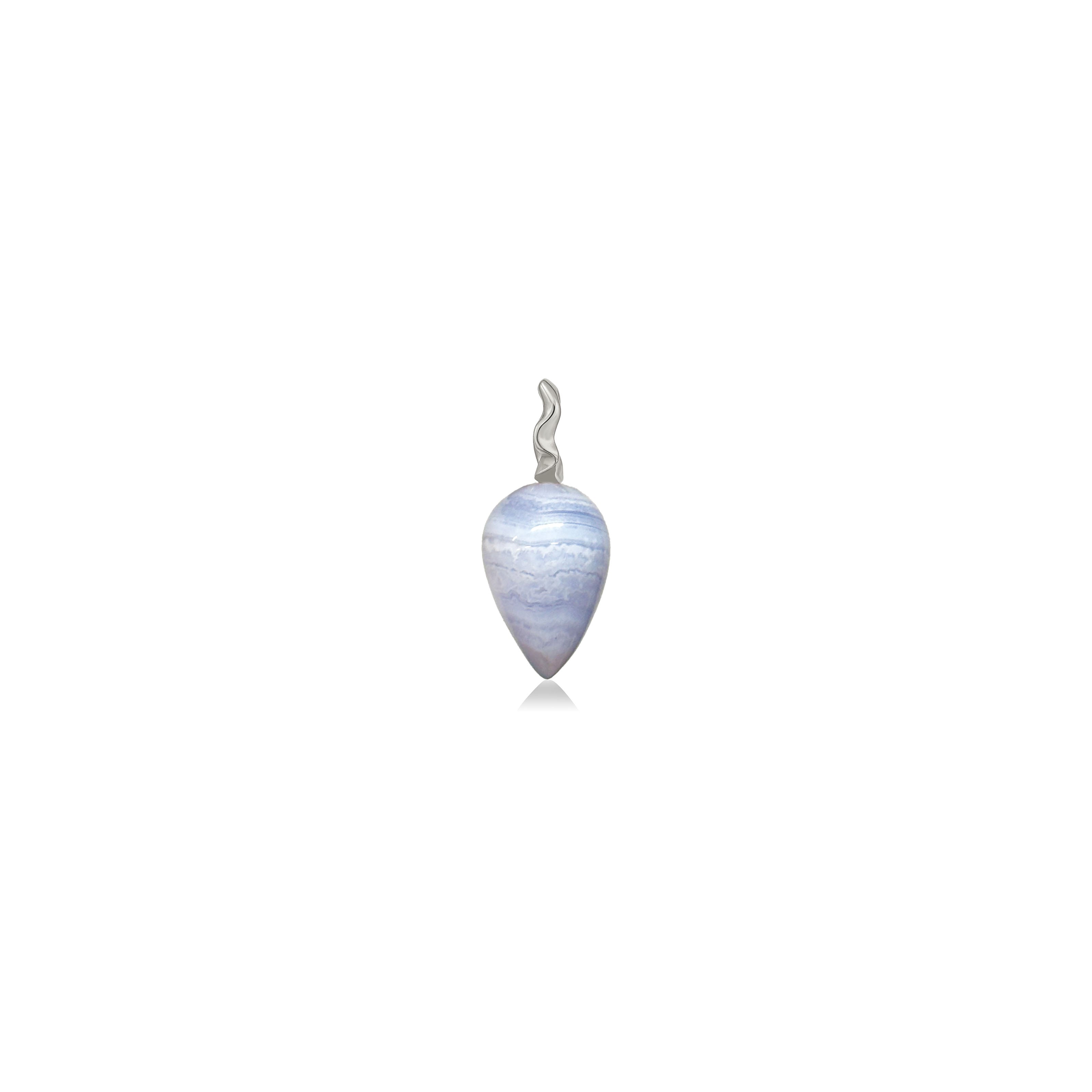 A blue lace agate drop charm with a 14K white gold ripple bale sits on a white background.