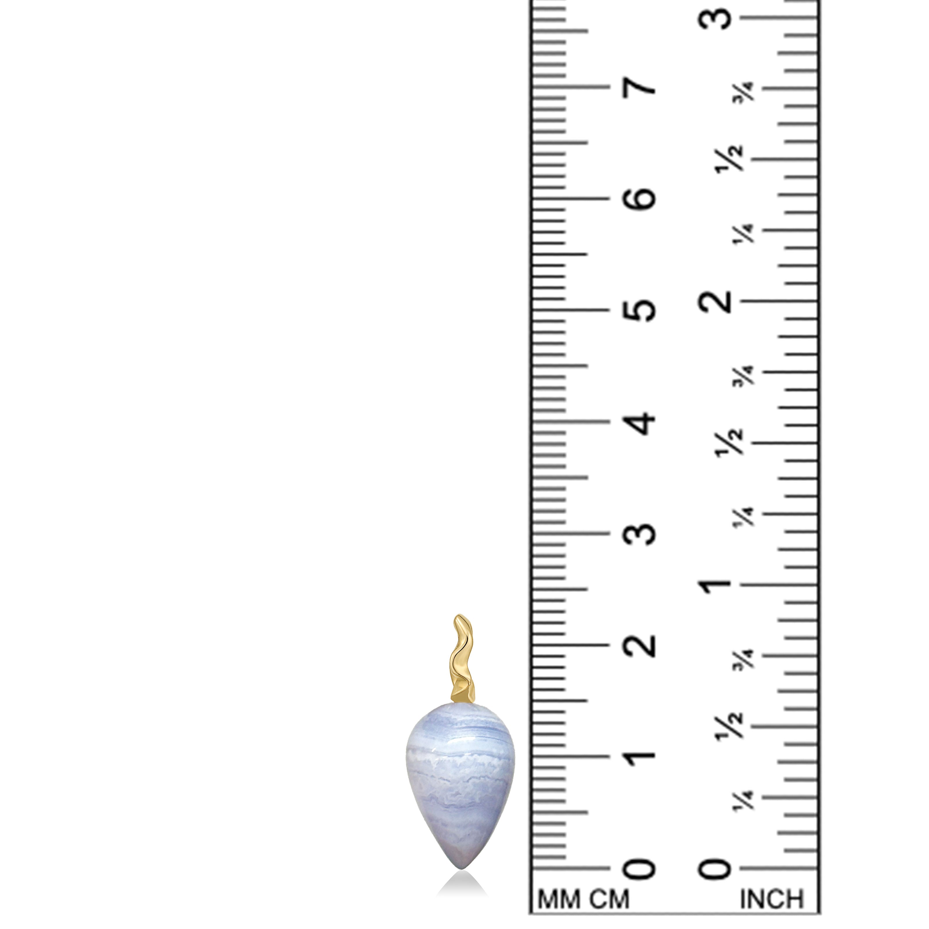 A blue lace agate drop charm with a 14K yellow gold ripple bale sits on against a ruler for scale.