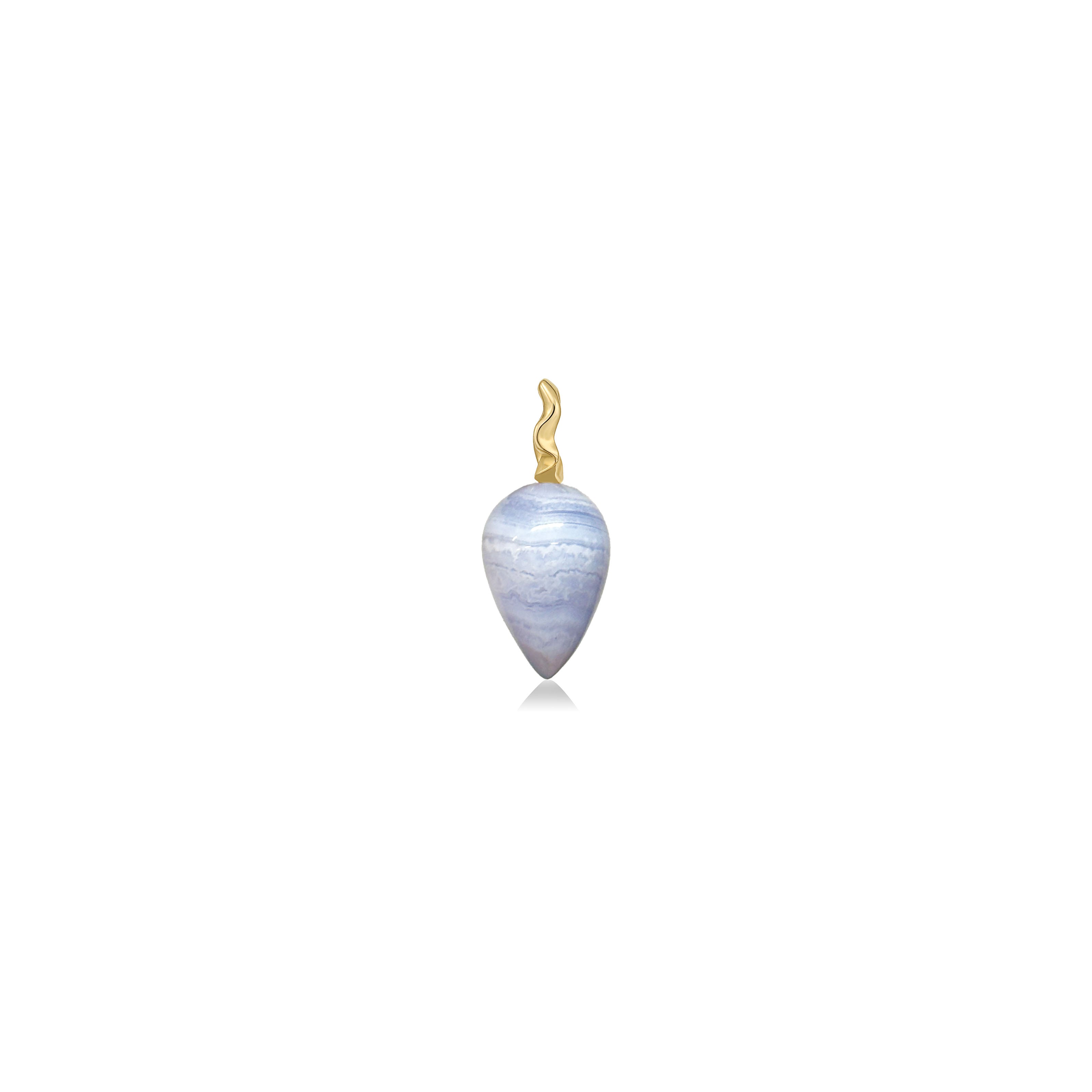 A blue lace agate drop charm with a 14K yellow gold ripple bale sits on a white background.