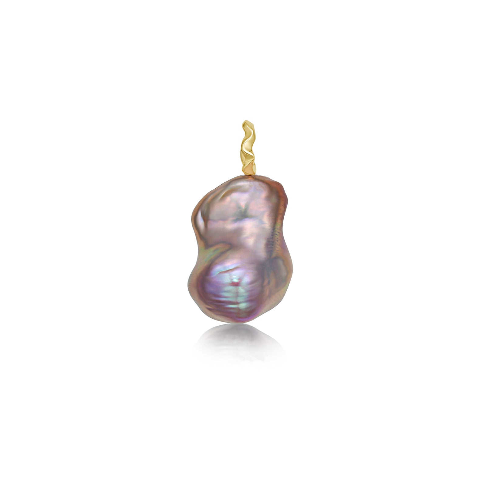 A blush pink baroque pearl pendant from AMANDA PEARL with a recycled 14K yellow gold ripple bale sits on a white background. 