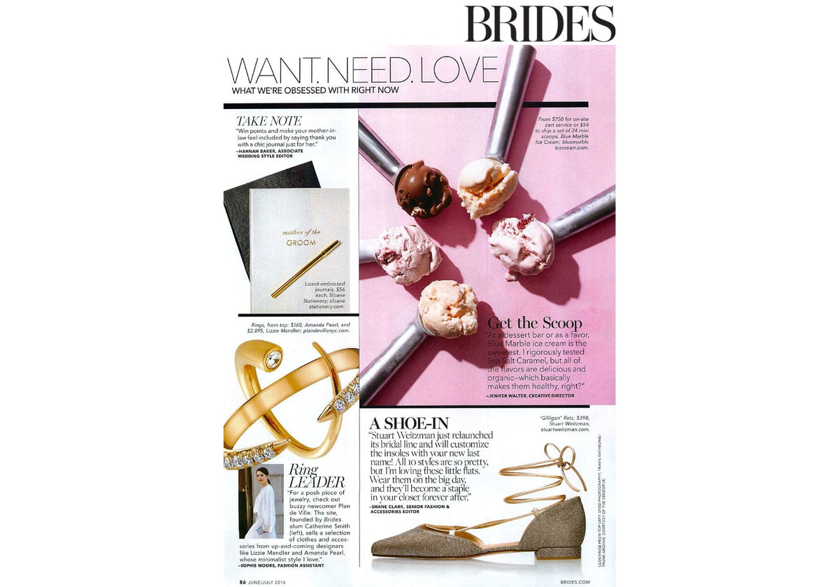 An AMANDA PEARL Quill Bypass Ring in Brides Magazine for wedding band options.