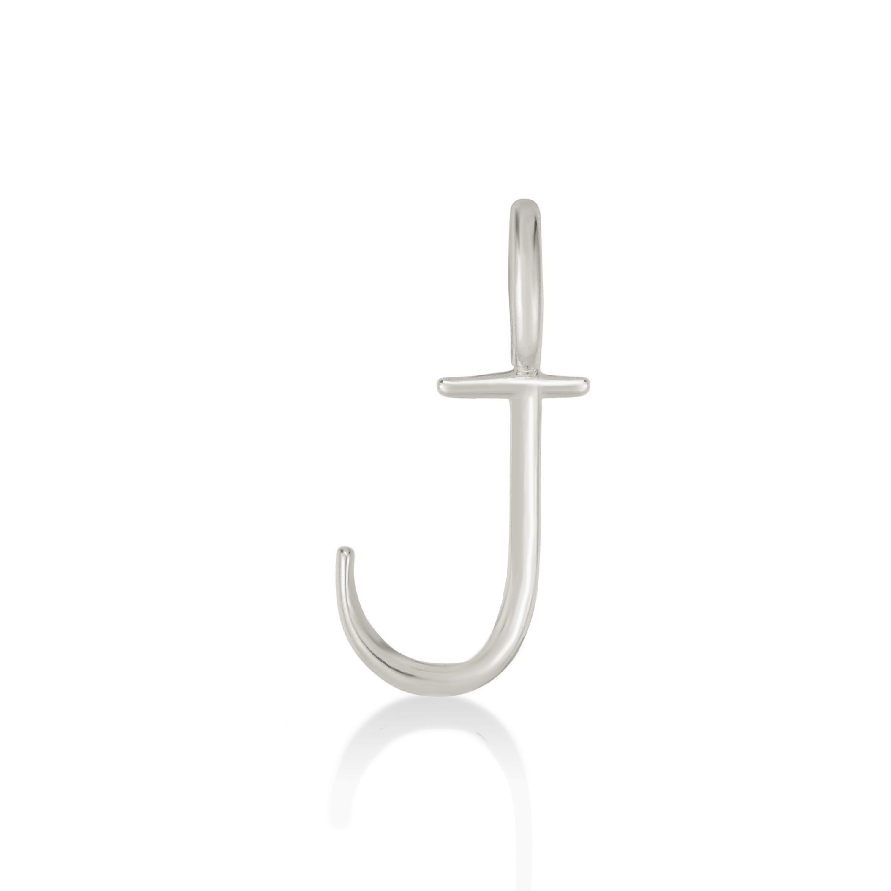 14K Recycled White Gold Letter Charm J on a white background. It shows a J initial charm. 