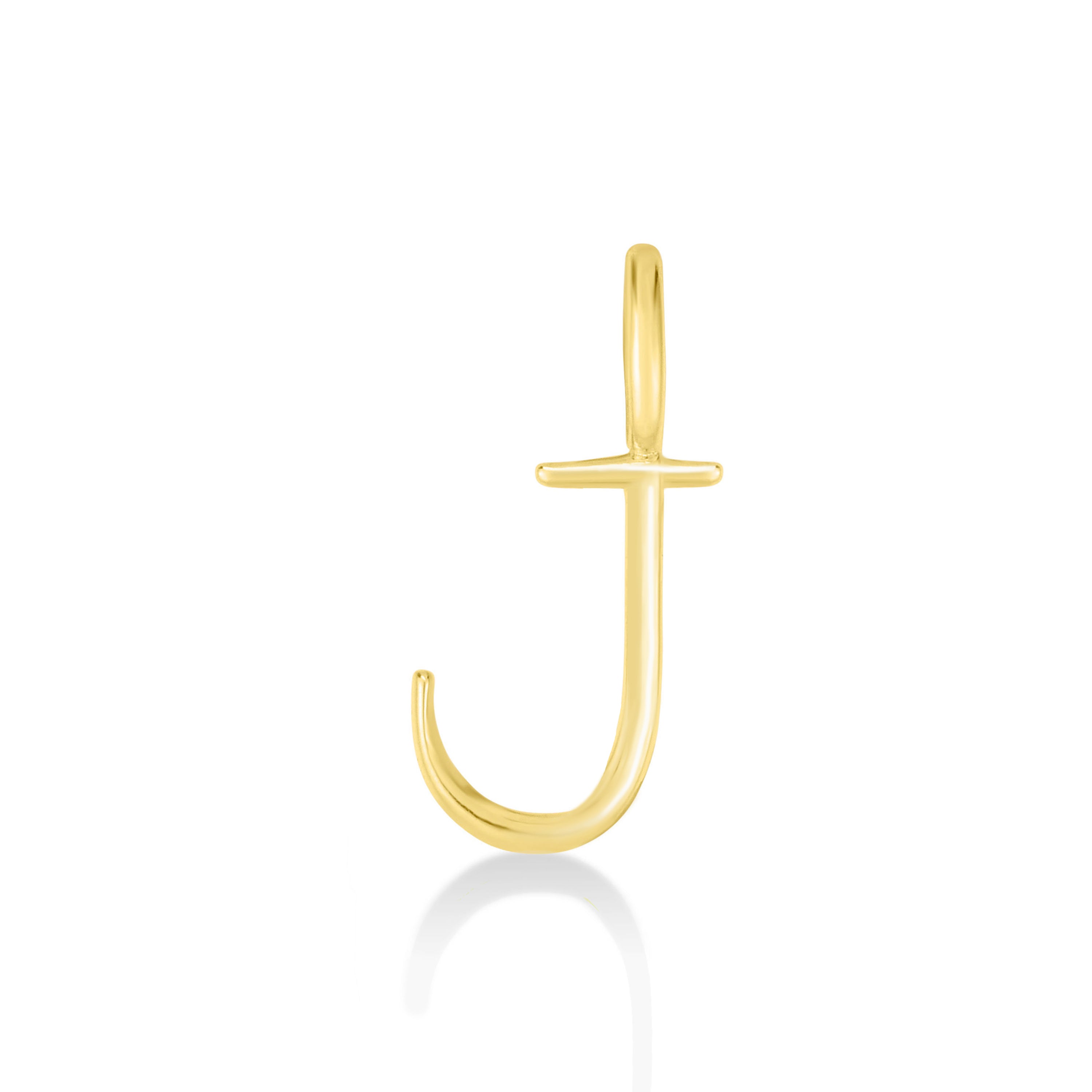 14K Recycled Yellow Gold Letter Charm J on a white background. It shows a J initial charm. 