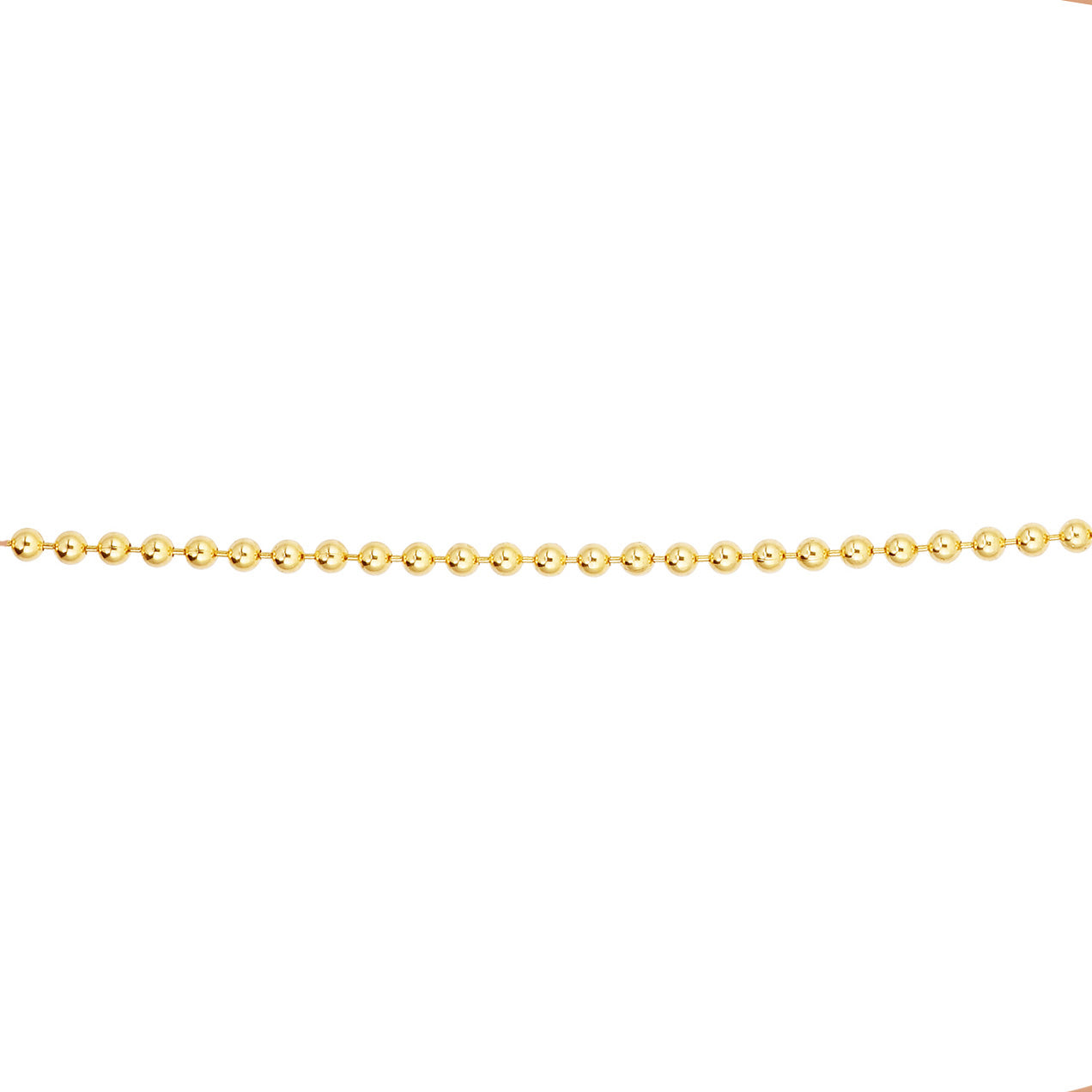 14K Yellow Gold bead chain, enlarged detail shot on white background