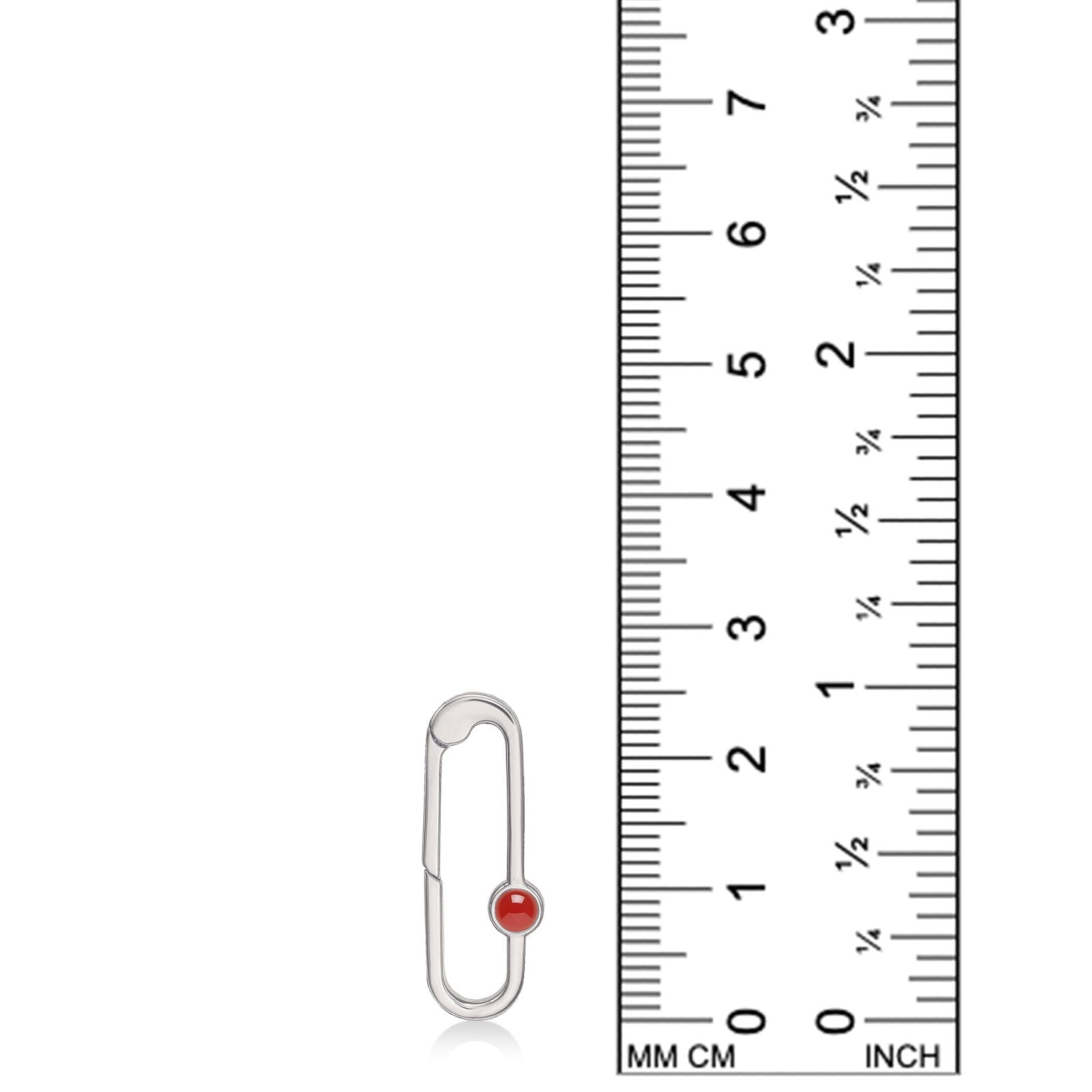 Recycled sterling silver charm lock with carnelian cabochon, from AMANDA PEARL, set against a ruler for scale.