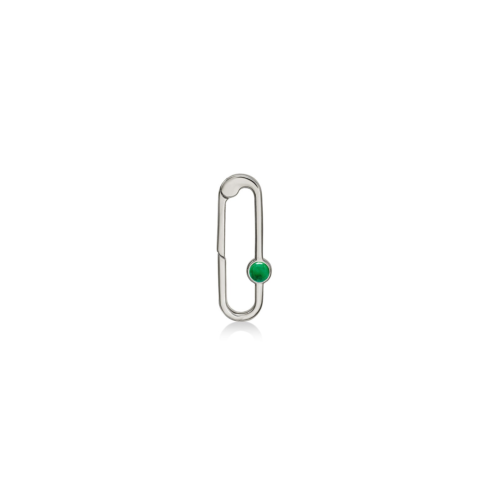 A 14K recycled white gold paperclip charm lock set with a green onyx cabochon on a neutral white background. 