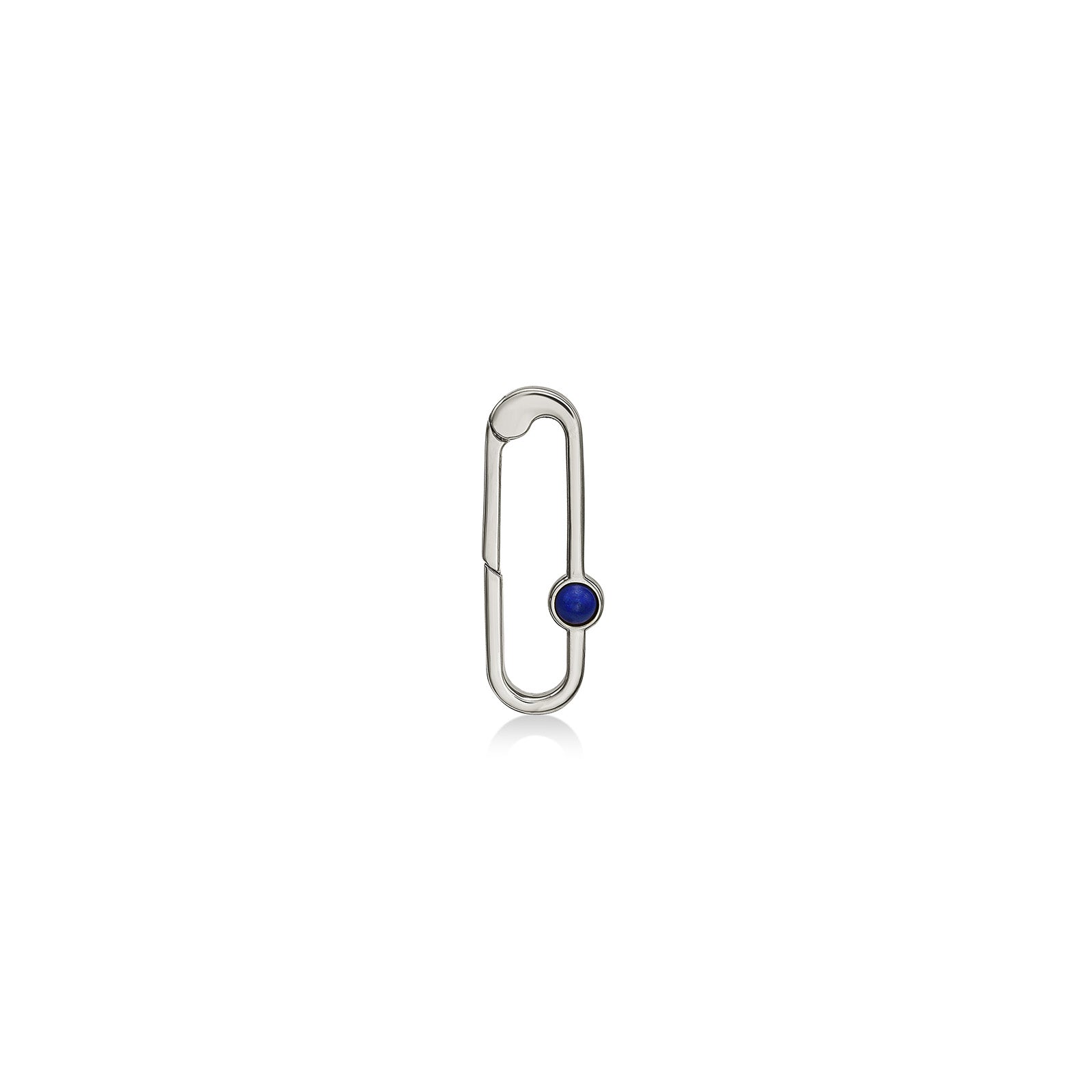 A 14K recycled white gold paperclip charm lock with lapis cabochon from AMANDA PEARL on a white background. 