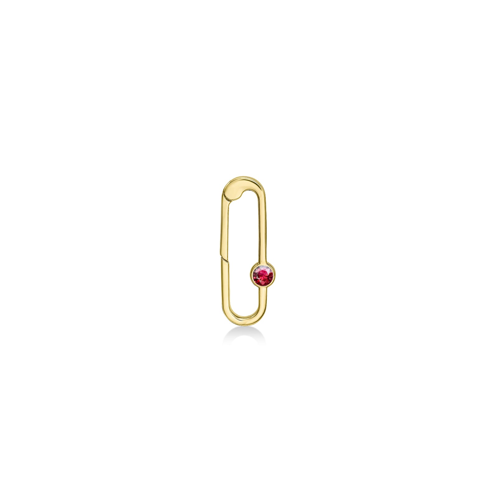 Paperclip charm lock in recycled 14k yellow gold with a round faceted ruby on a white background. 