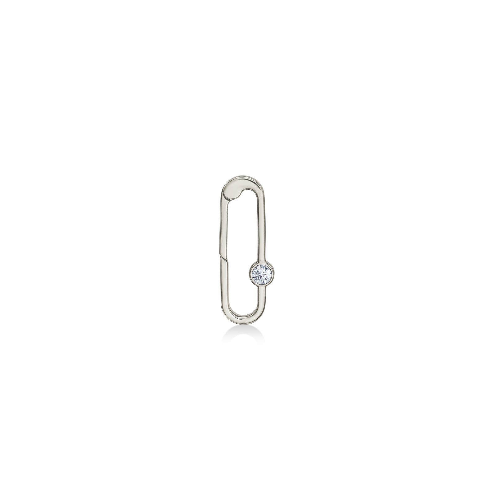 A 14K recycled white gold paperclip charm lock with bezel set lab grown white diamond from AMANDA PEARL