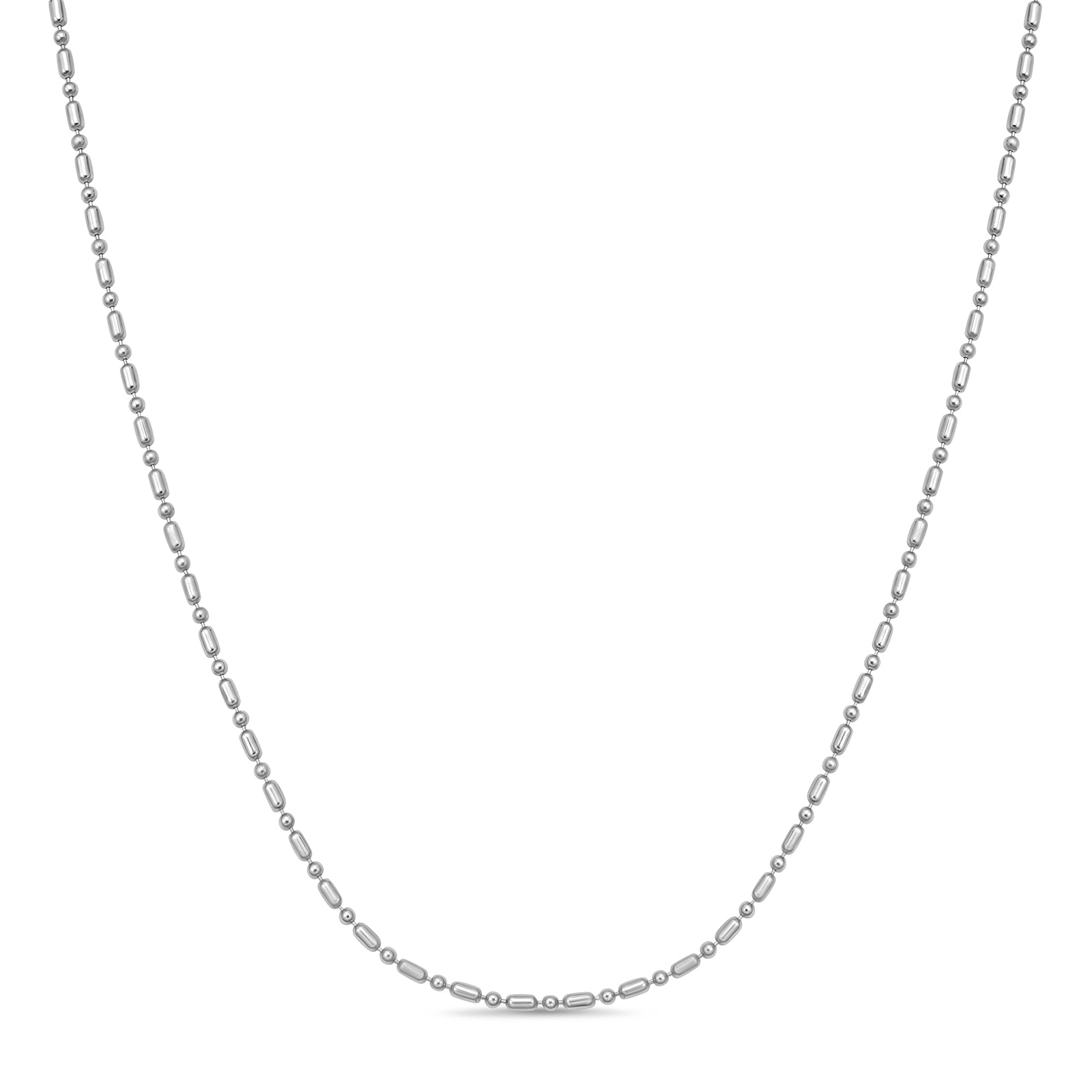 An alternating cylinder bead chain necklace in sterling silver from AMANDA PEARL hangs against a white background.