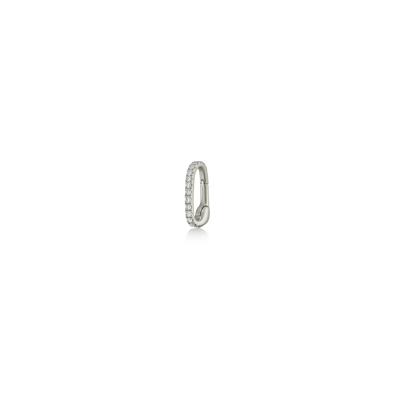 A 14K recycled white gold charm lock with lab grown diamonds from AMANDA PEARL sits on a white background with drop shadow. 