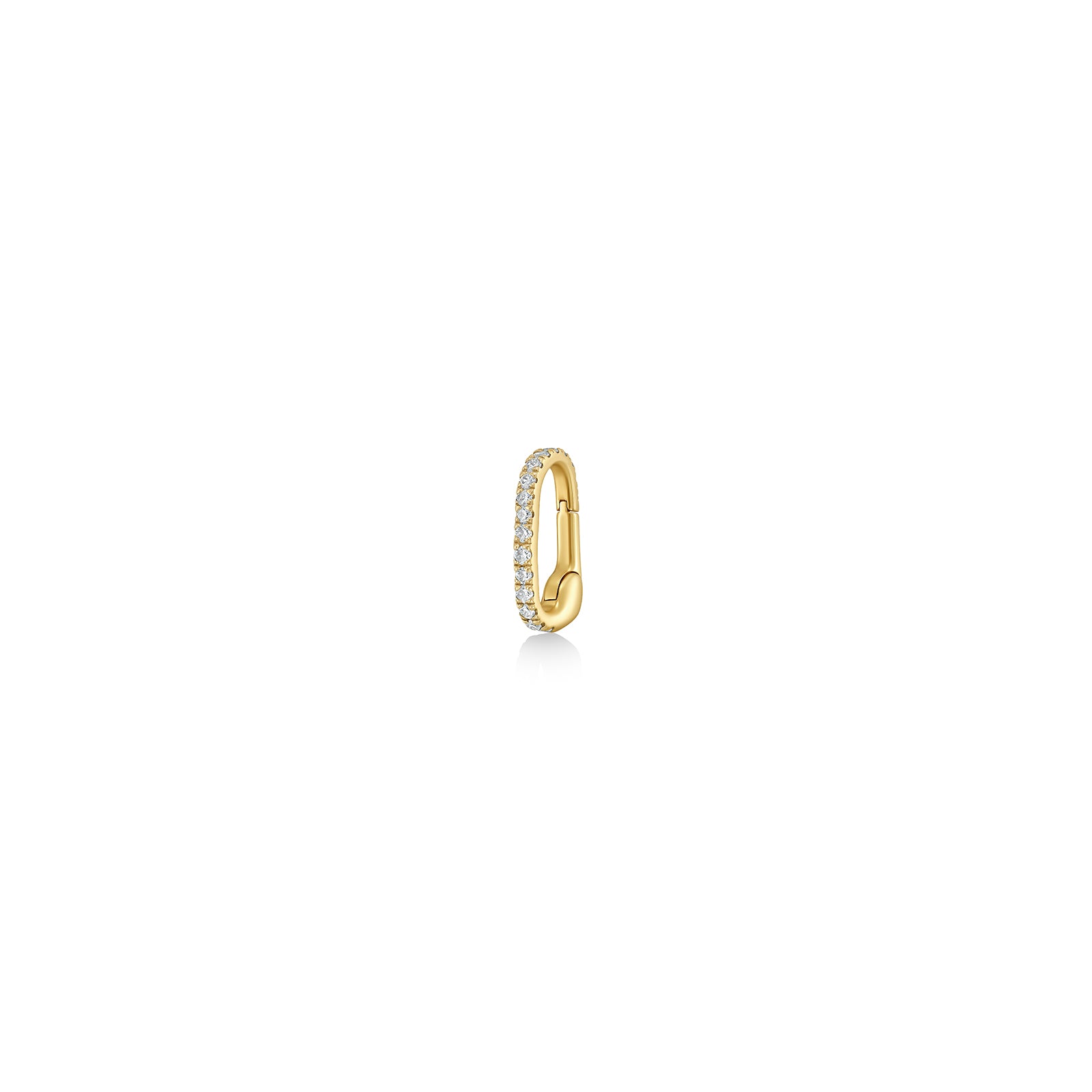 A 14K recycled yellow gold charm lock with lab grown diamonds from AMANDA PEARL sits on a white background with drop shadow. 