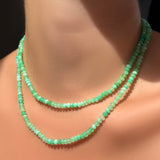 AMANDA PEARL a 16" and 18" Faceted Chrysoprase Necklace on Sterling Silver Evolution Clasp on a model's neck.
