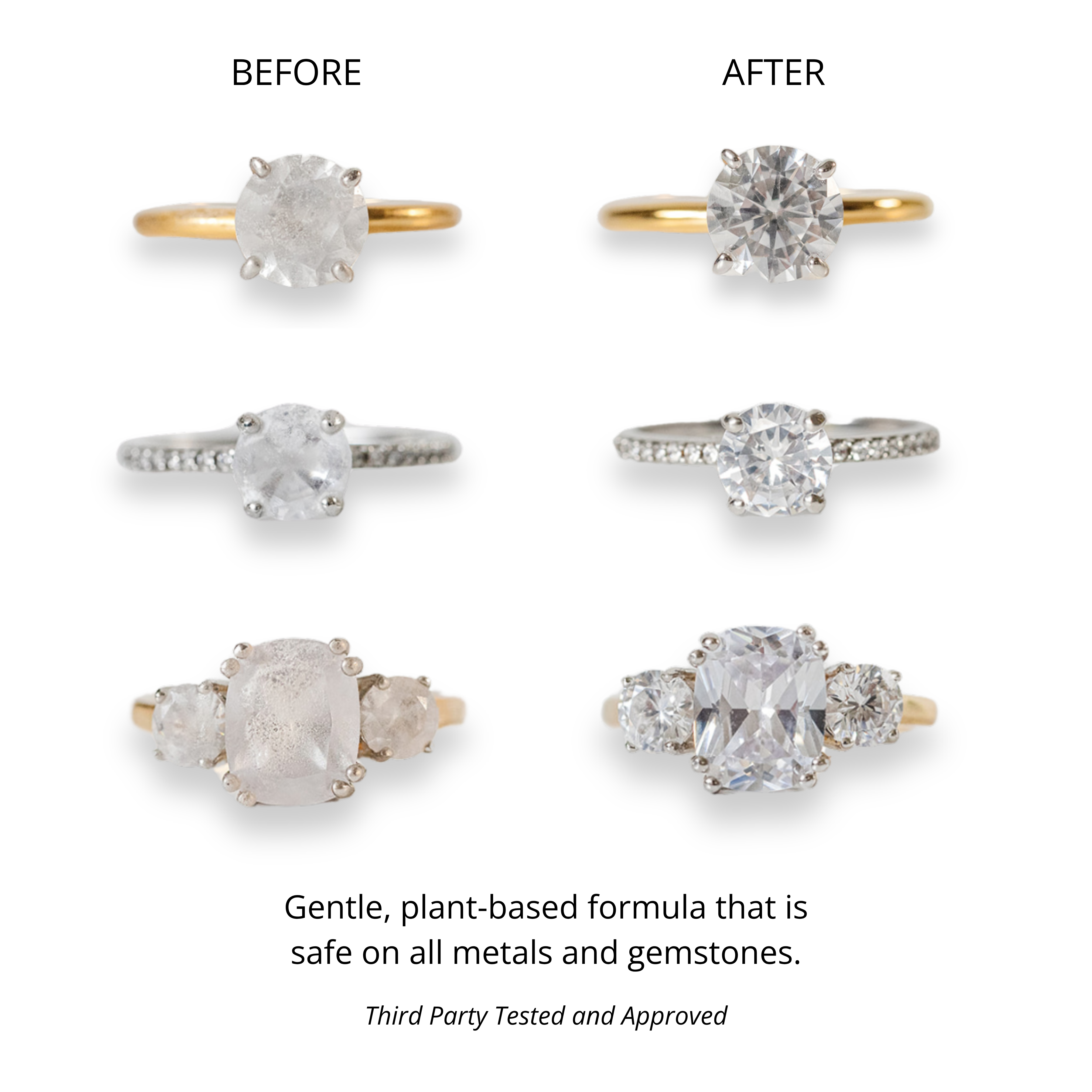 Before and after comparison of diamond rings with a gentle cleaning solution.