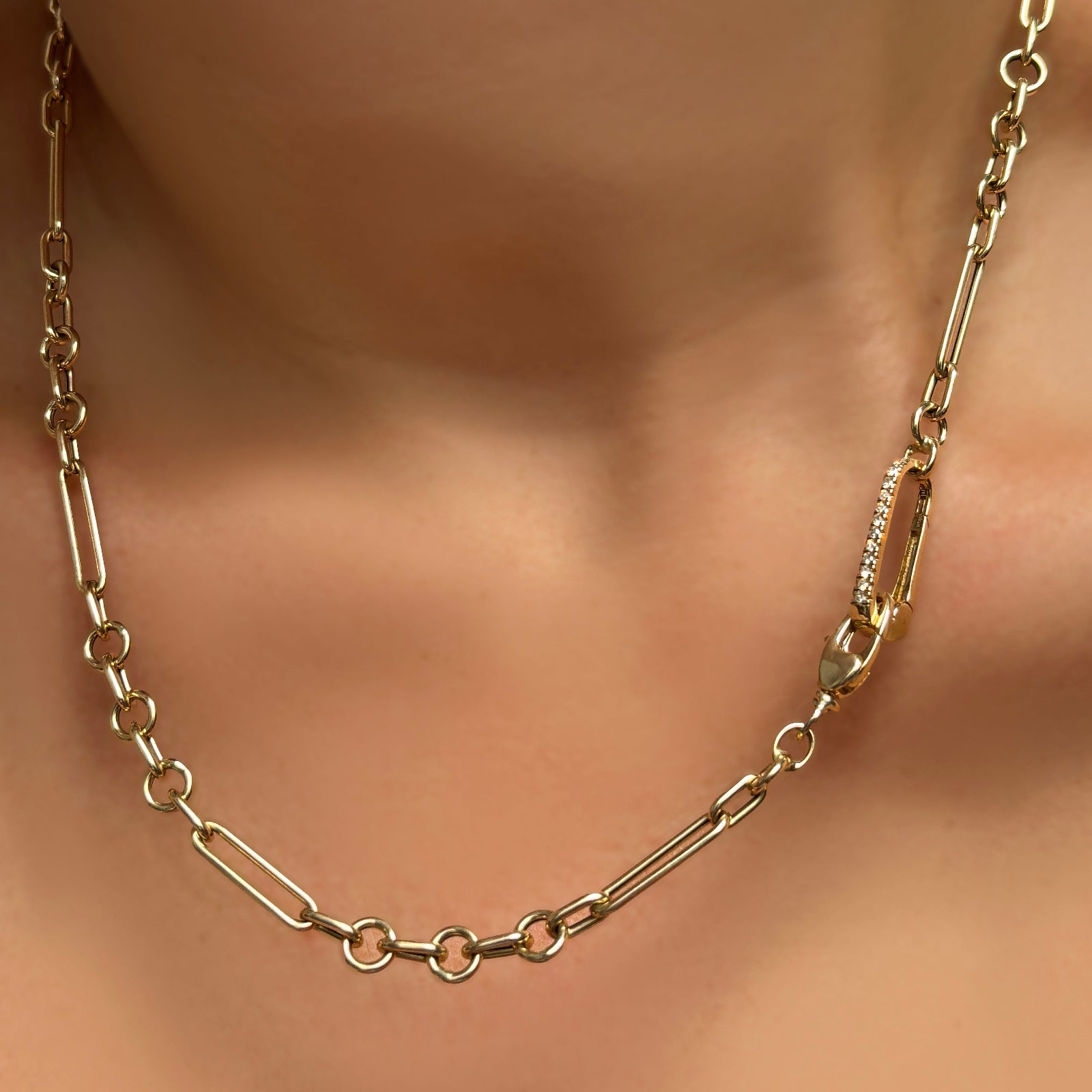 6mm Irregular Cable Chain Necklace with Medium Pave Charm Lock on a model's neck.