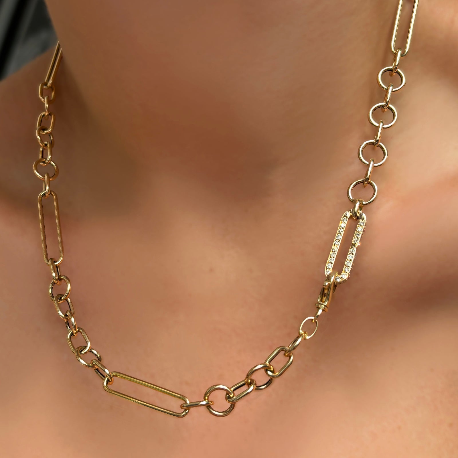 8mm Irregular Cable Chain Necklace with Full Pave Slim Oval Charm Lock on a model's neck