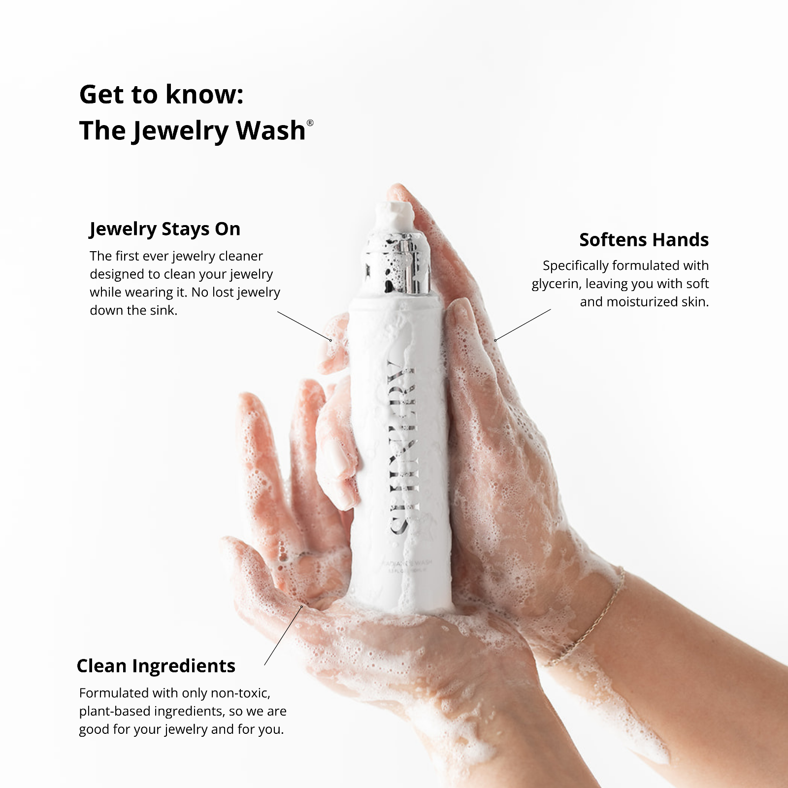 A bottle of Shinery all lathered up, and showing the advantages of using Shinery Jewelry wash.