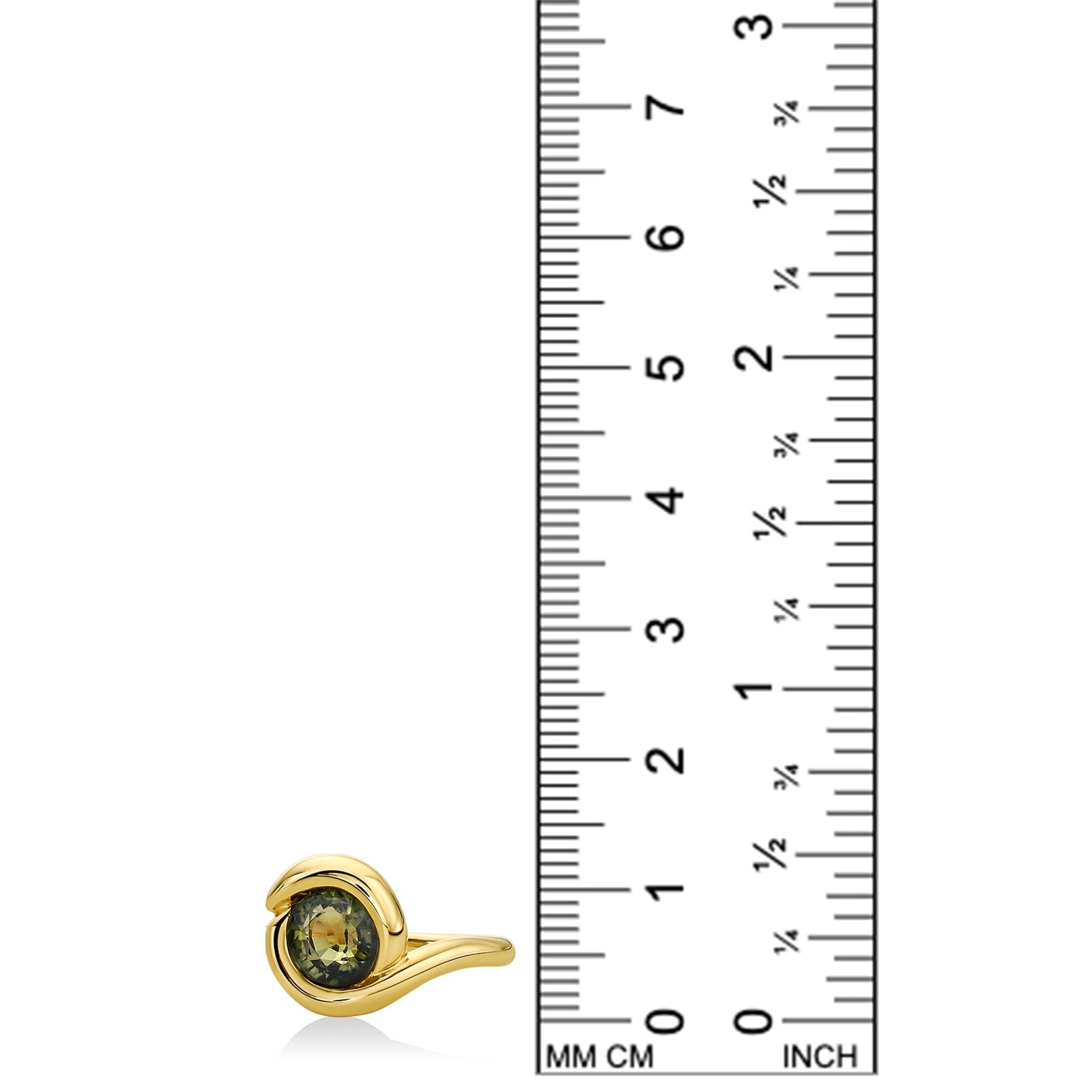 14k gold Molten Knot Ring with Grass Green Tourmaline on a white background with a ruler measuring, 13mm tall
