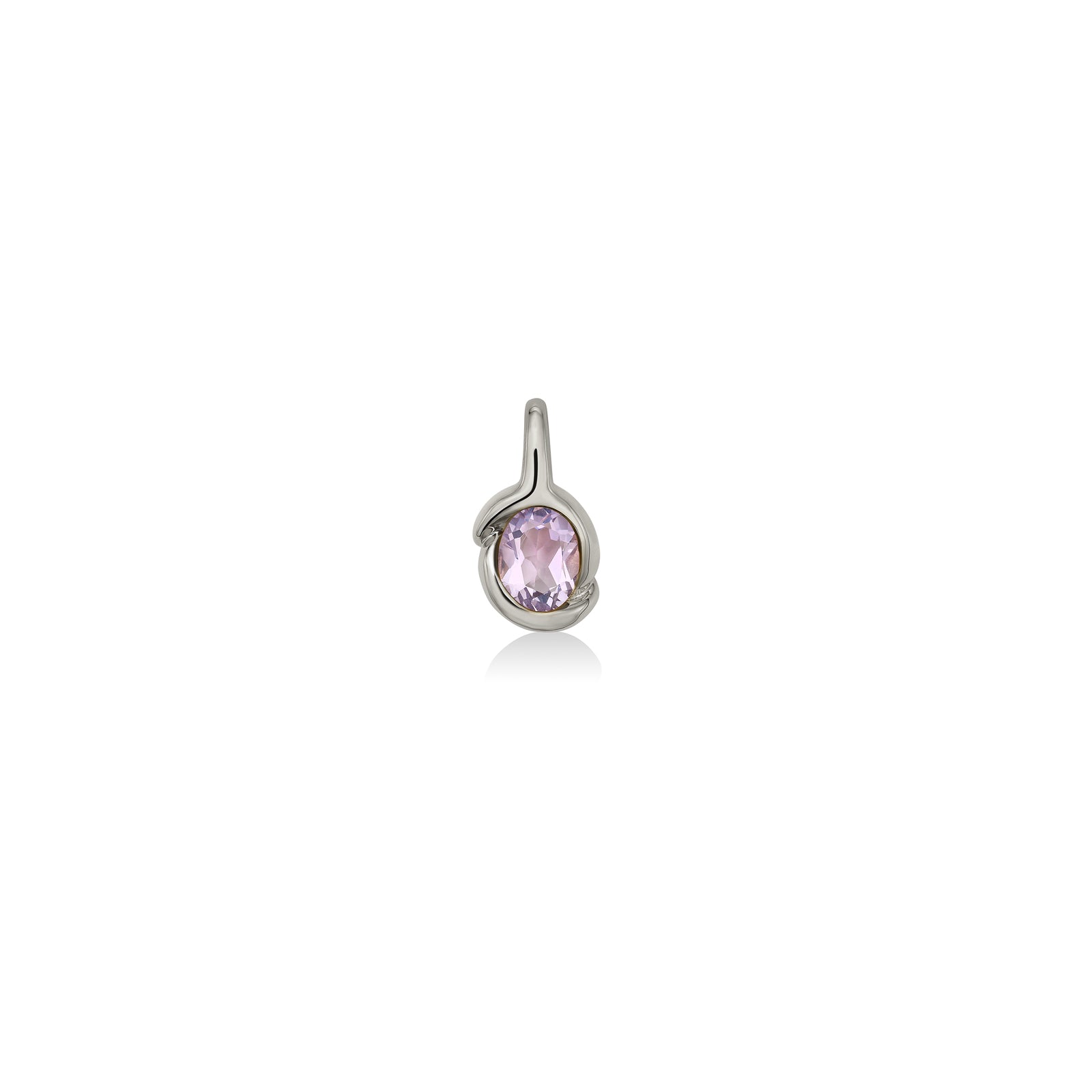 A 14K recycled white gold molten knot charm with amethyst gemstone set against a white neutral background. 