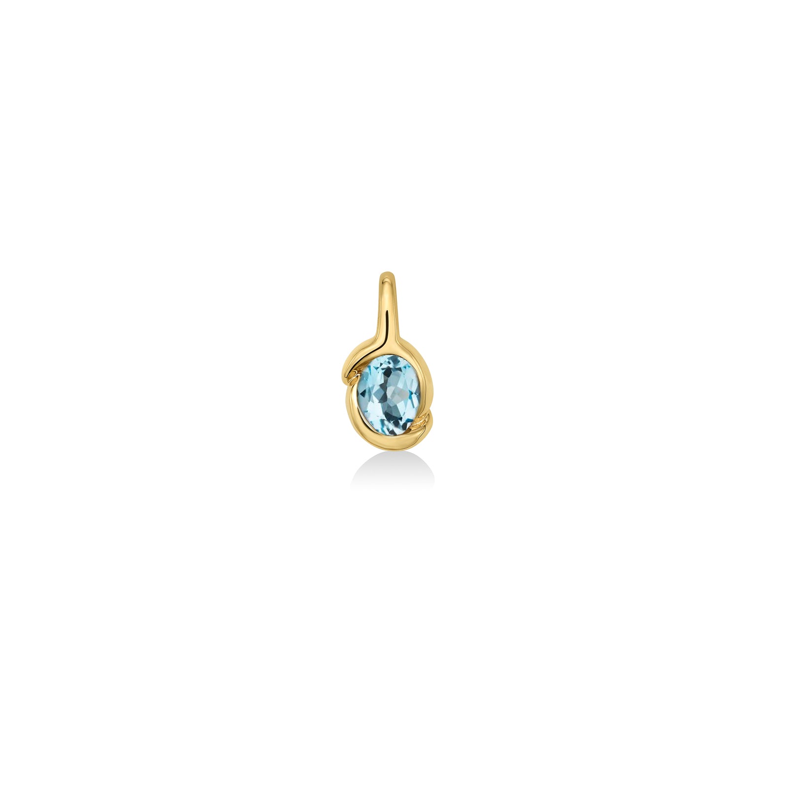 A 14K recycled yellow gold Molten knot pendant with a faceted blue topaz oval stone, on a white background. 