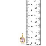 A 14K recycled yellow gold Molten knot charm with amethyst gemstone, set against a ruler showing it's height to be 19mm. 