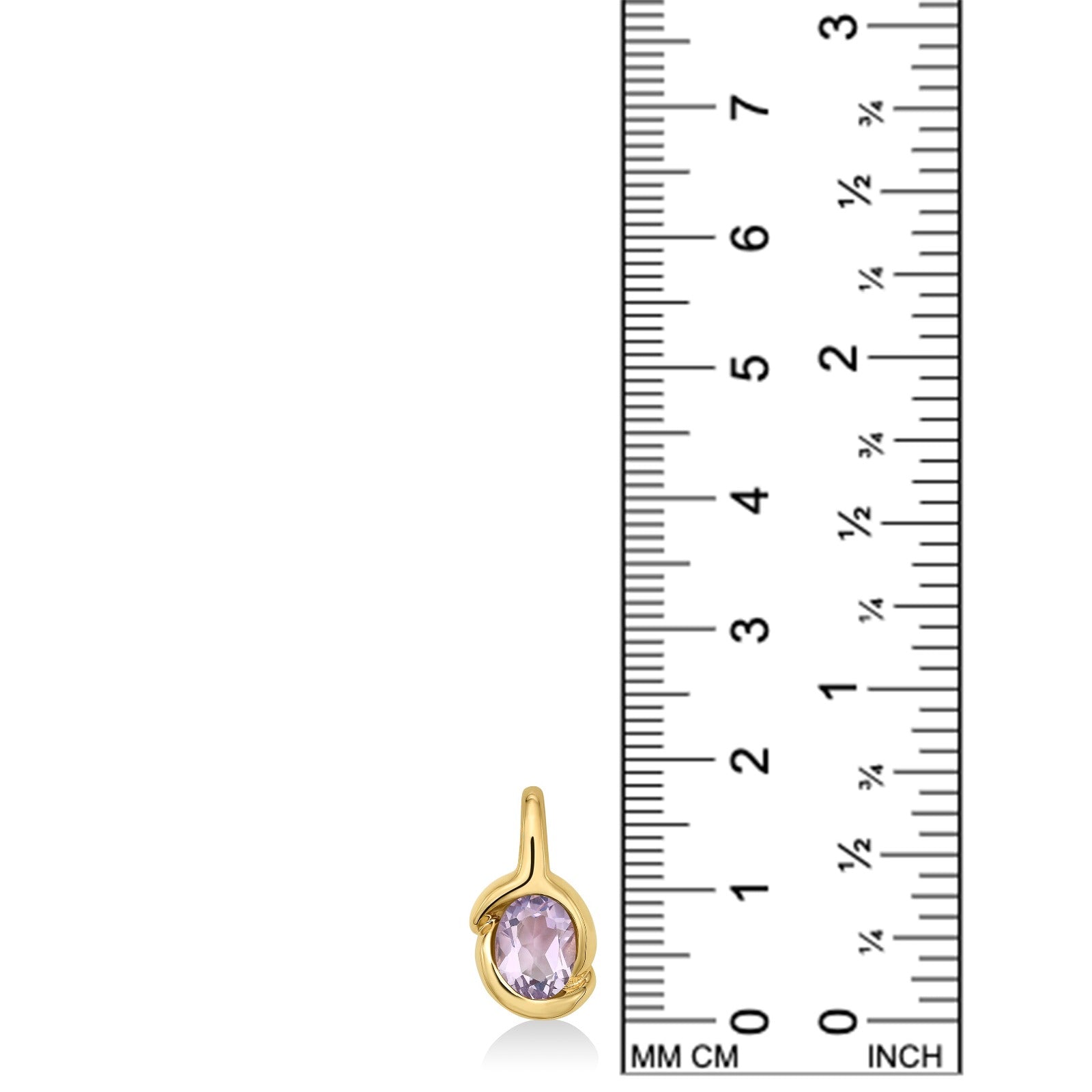 A 14K recycled yellow gold Molten knot charm with amethyst gemstone, set against a ruler showing it's height to be 19mm. 