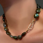 Gemmy and flashy labradorite oval beads with a linking ovals clasp holding a medium pavé face charm lock on a model's neck.