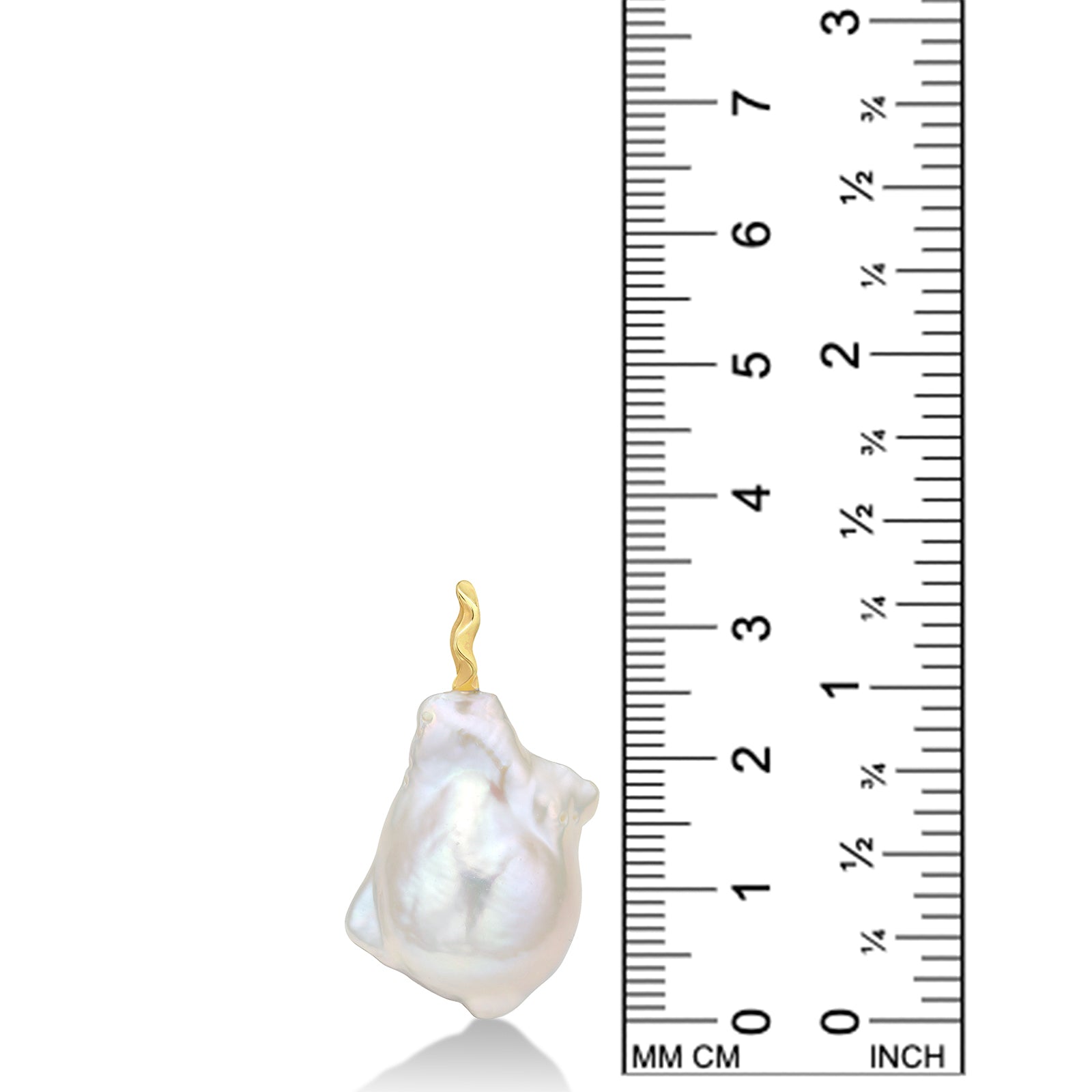 14k Recycled Gold Ripple Bale on a Large Baroque Pearl Charm with a ruler