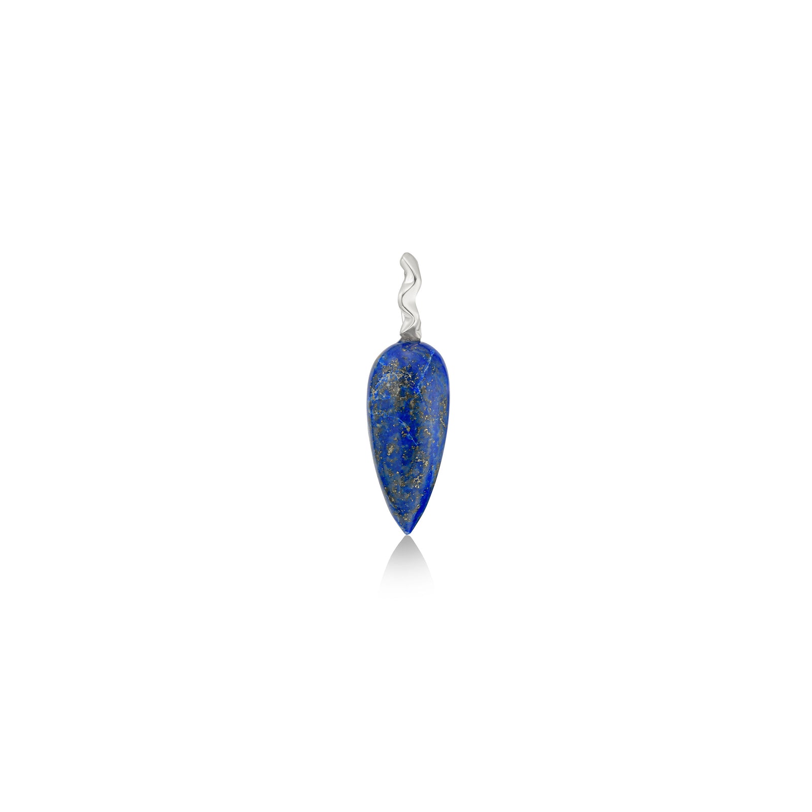 A long lapis drop charm with recycled sterling silver ripple bale from AMANDA PEARL sits against a white background with drop shadow. 