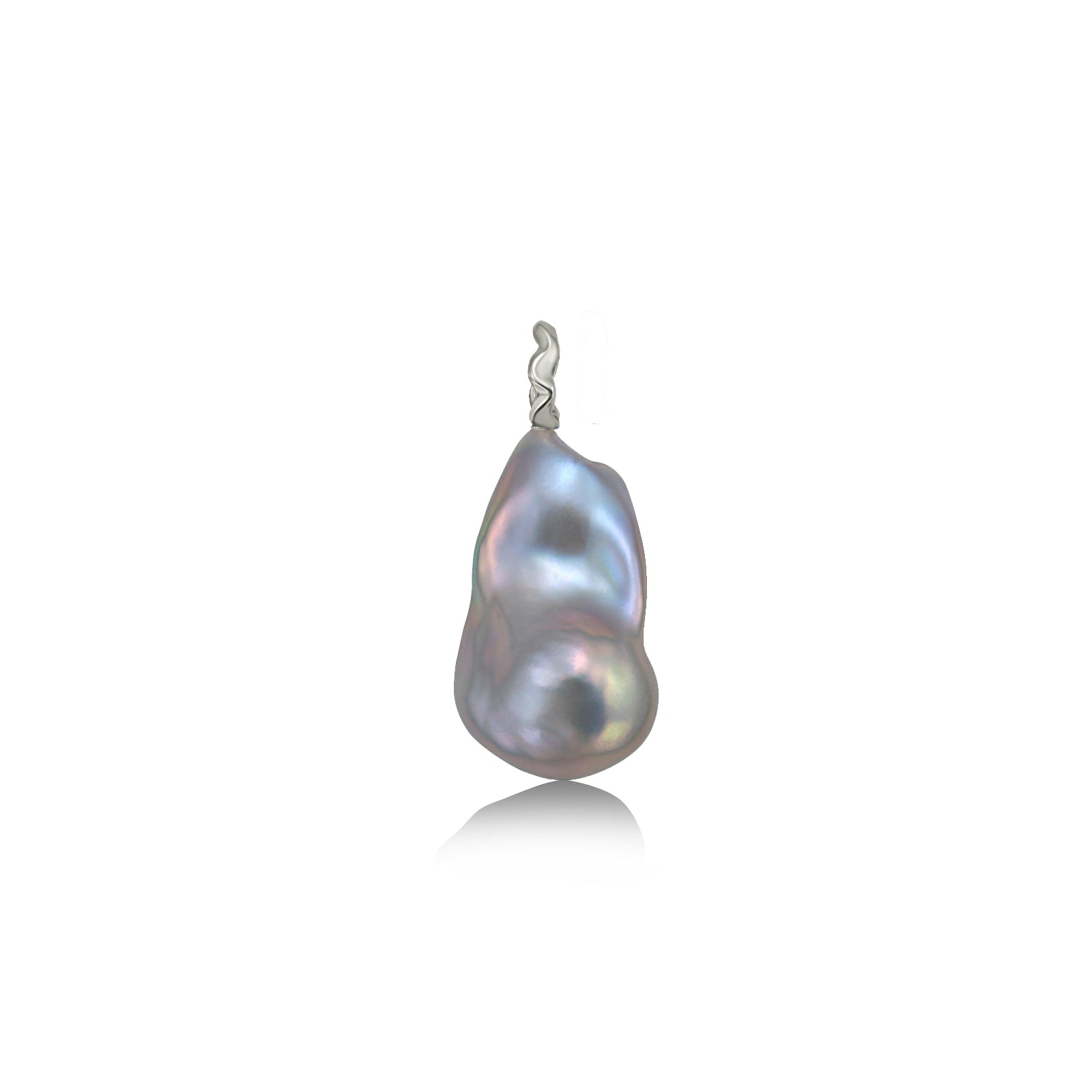 AMANDA PEARL Lunar (Pale grey) baroque pearl with a recycled 14k white gold ripple bale on a white background.