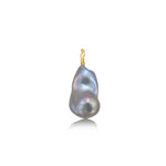 AMANDA PEARL Lunar (pale grey) baroque pearl with a recycled 14k yellow gold ripple bale on a white background.