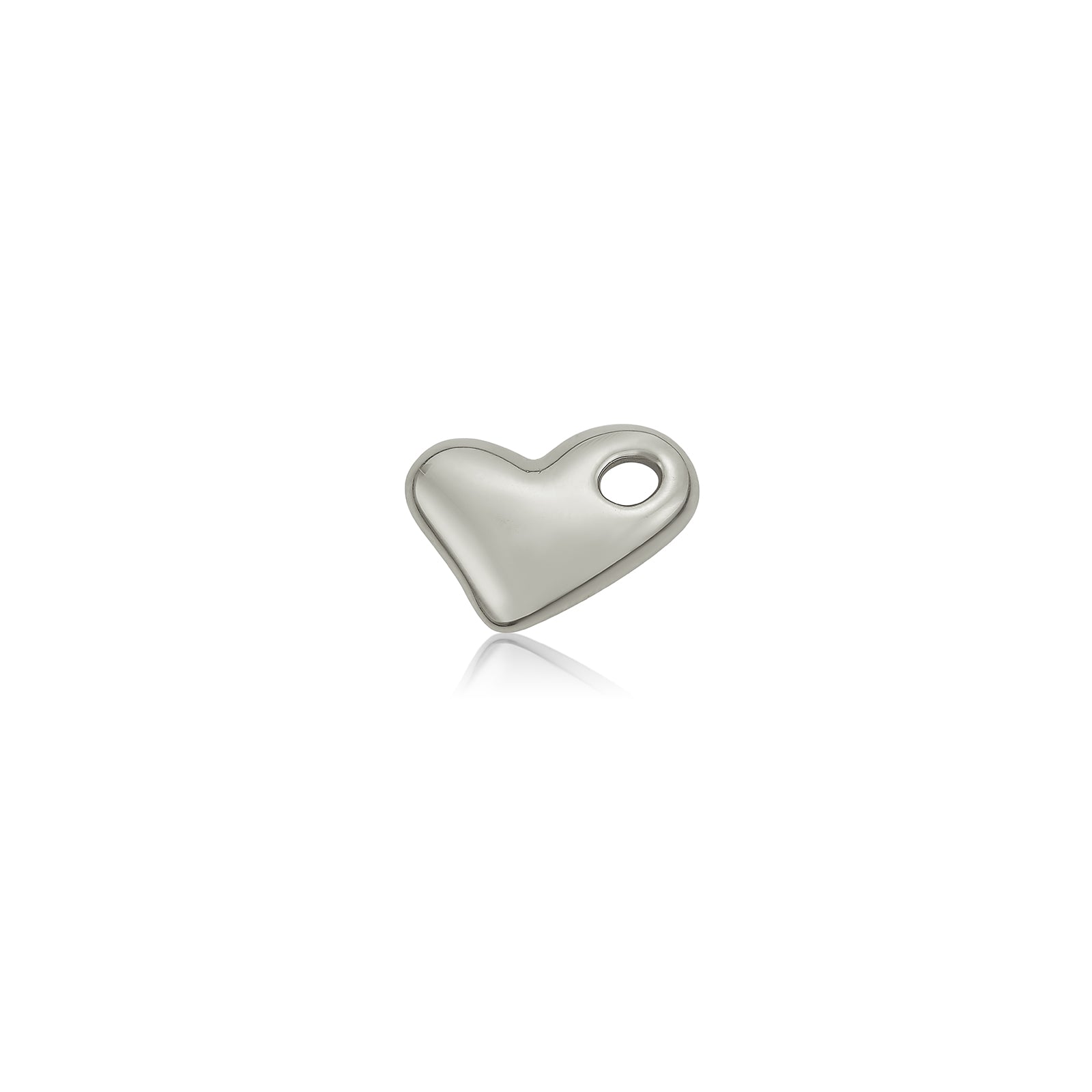 A 14K recycled white gold molten heart charm from AMANDA PEARL, sits front facing on a white background with drop shadow.