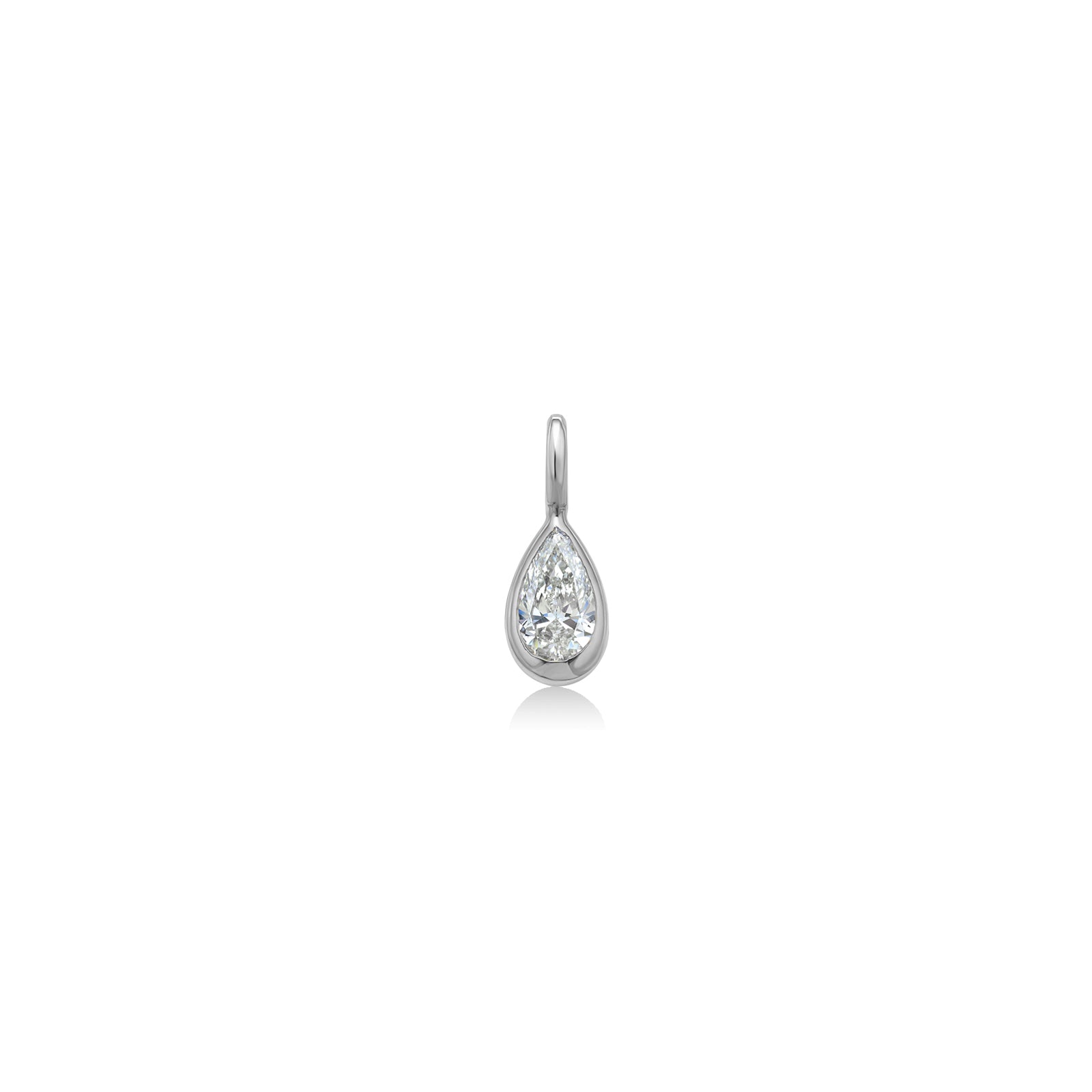 Molten Solitaire Pear Charm in 14K white gold shot head on on a white background. 