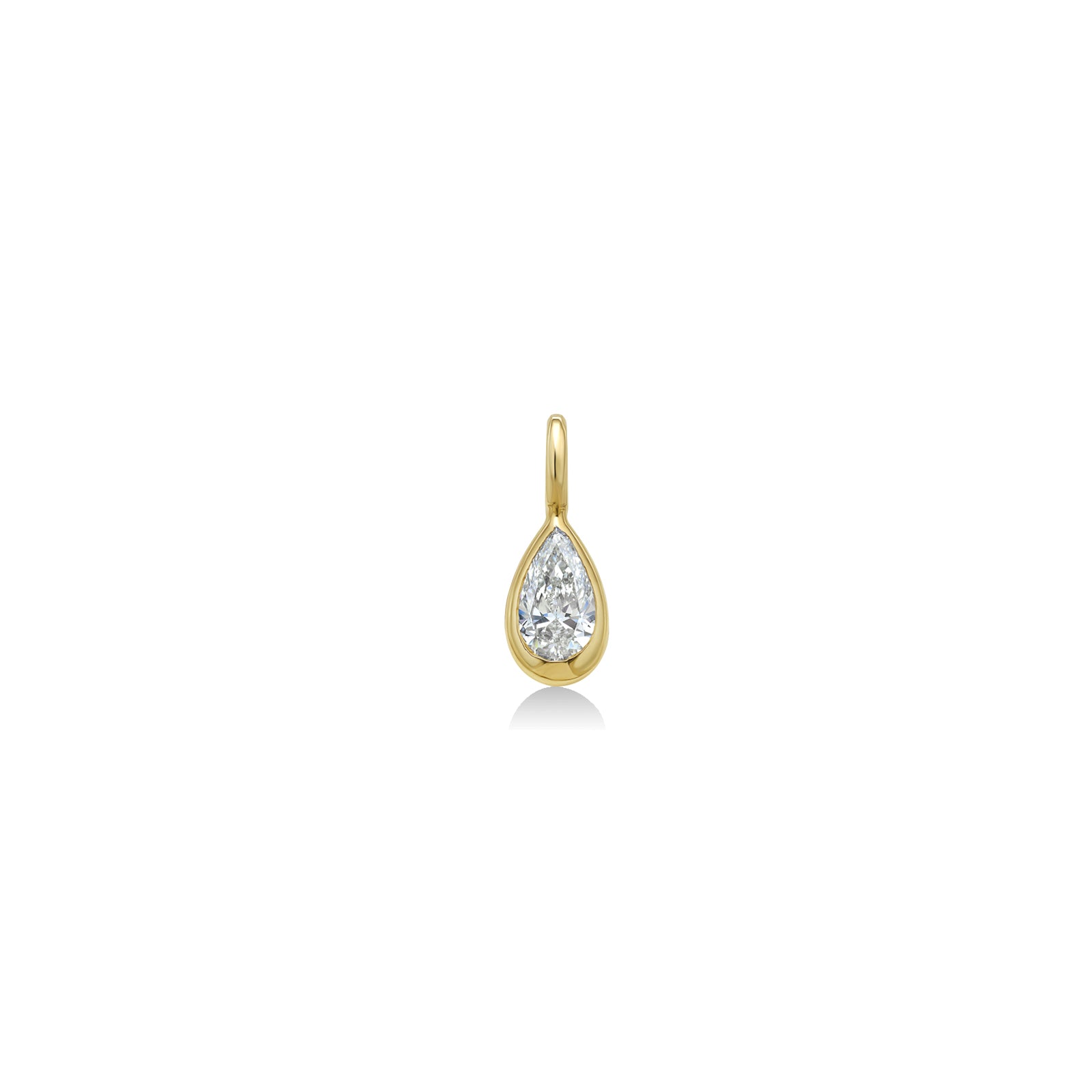 A pear shaped molten solitaire charm in yellow gold on a white background.