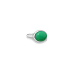A molten pebble ring cast in recycled sterling silver with a chrysoprase stone from AMANDA PEARL sits on a white background with drop shadow.