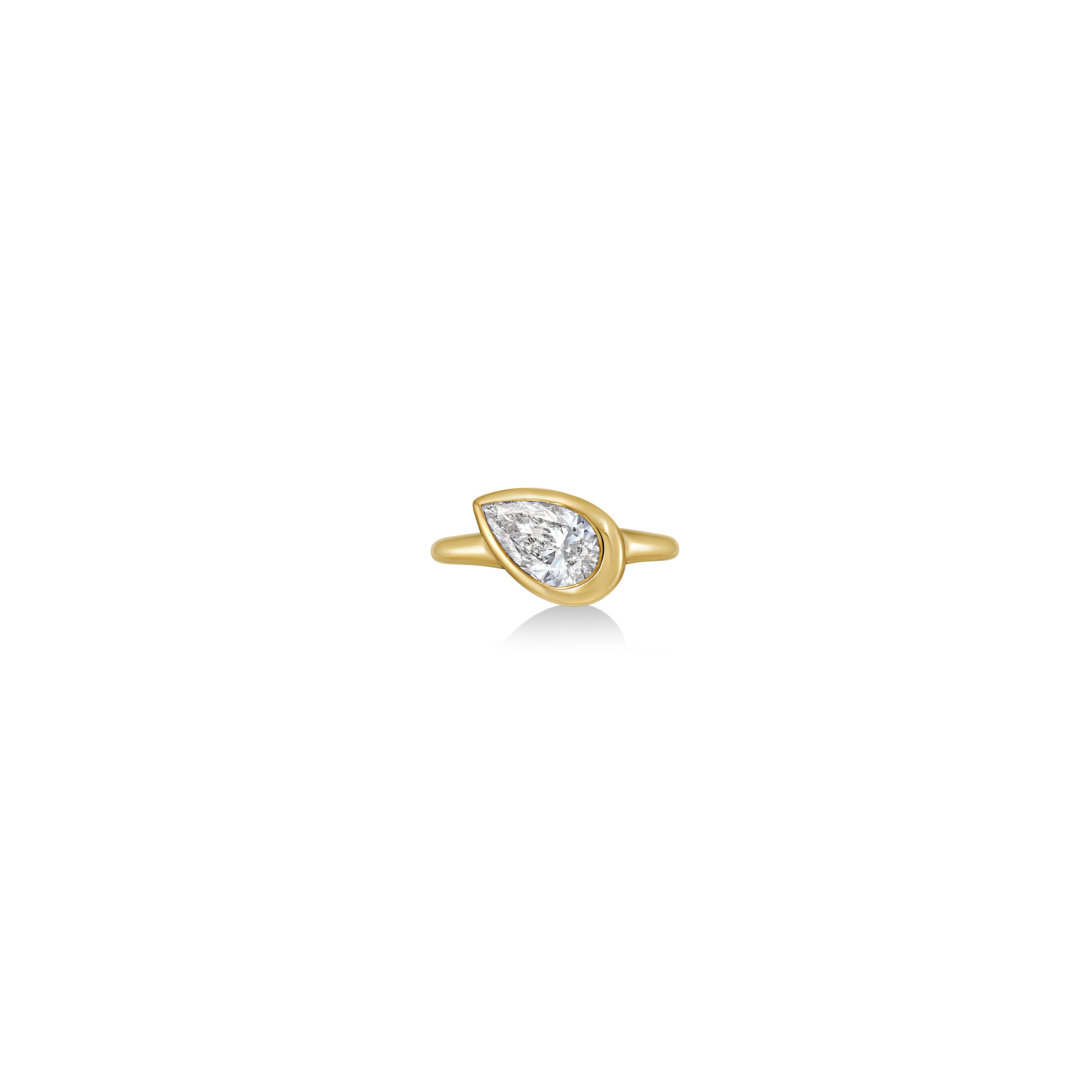 Front view of Molten Solitaire Ring with Pear Diamond in yellow gold against a white background