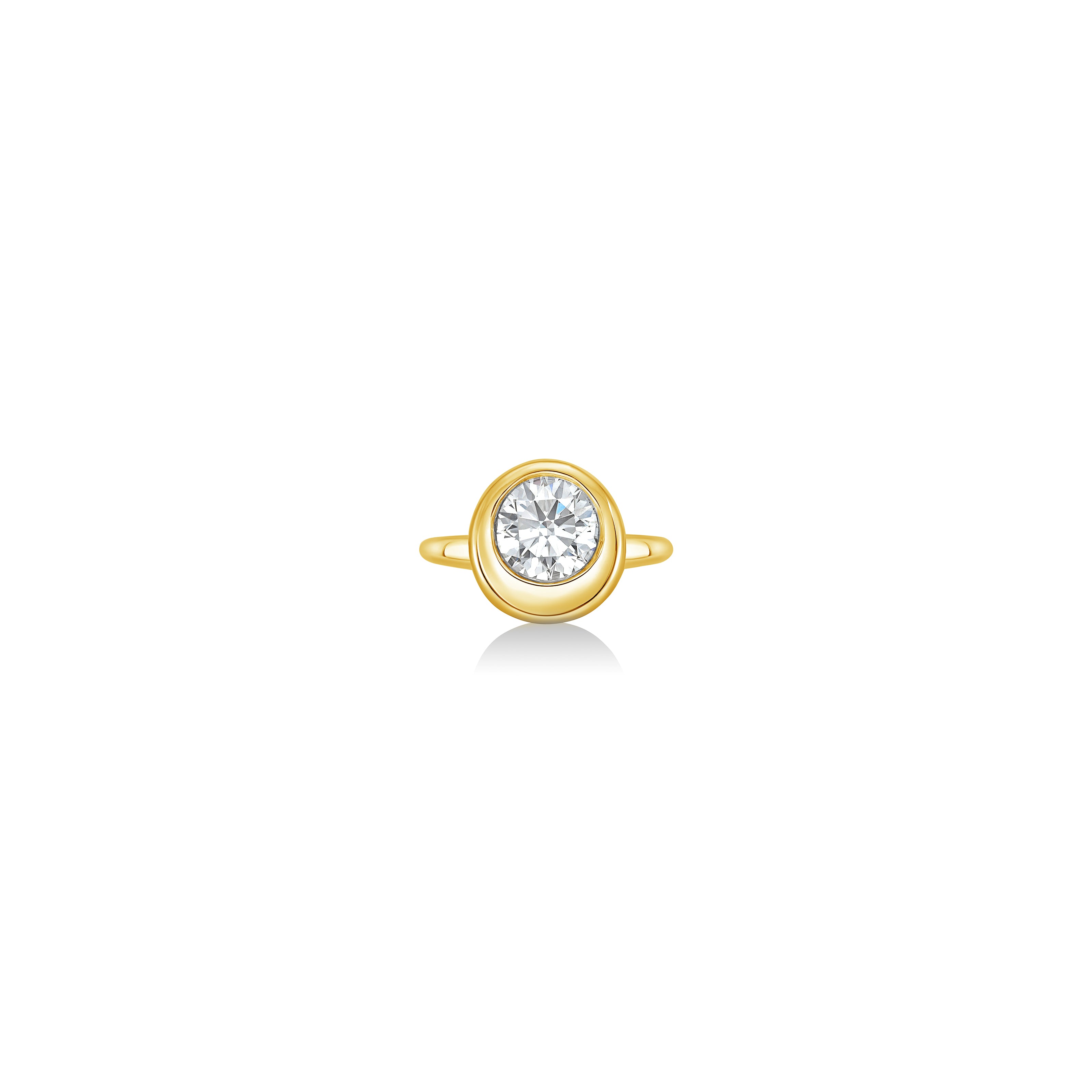 front view of round molten solitaire ring in yellow gold against a white background