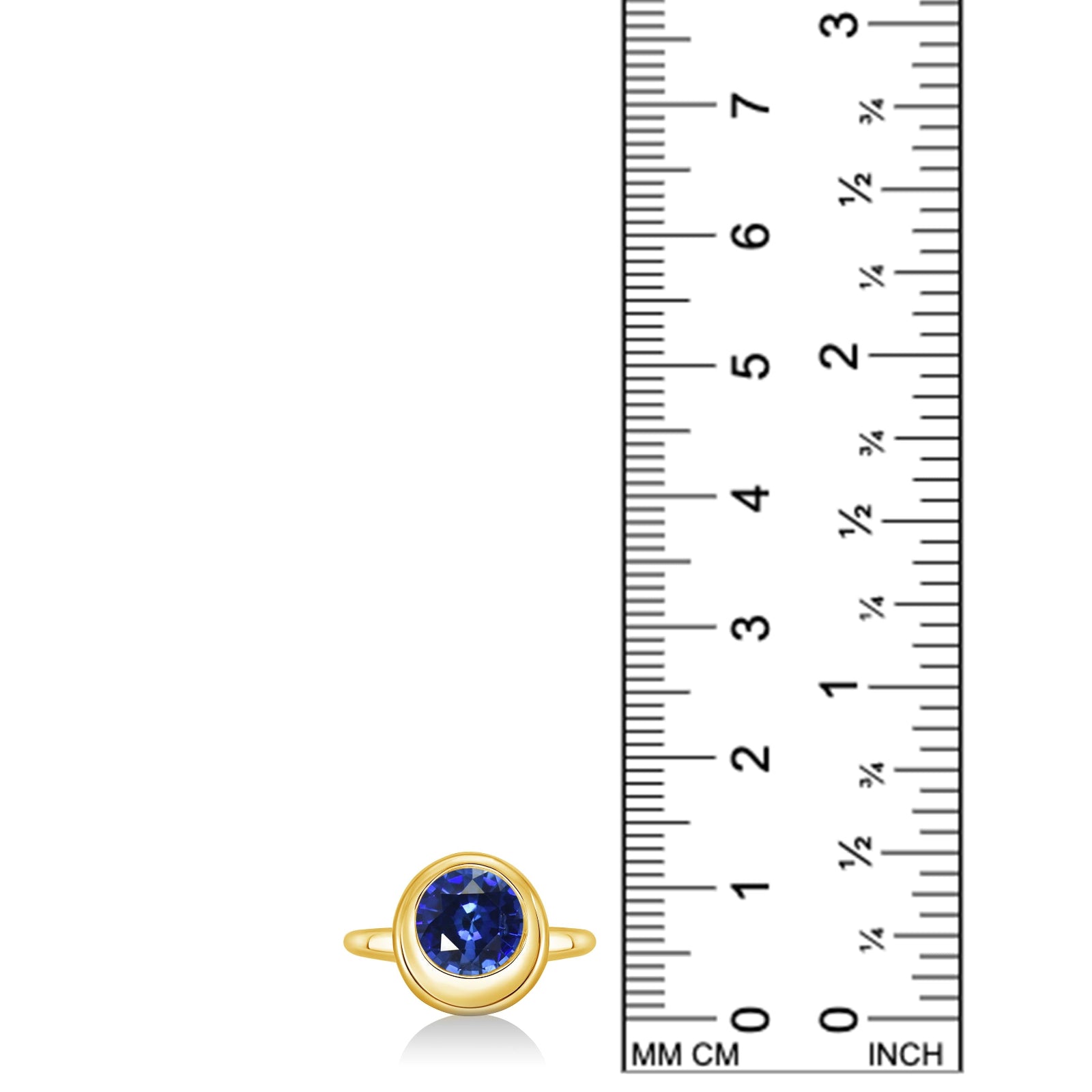 14K recycled yellow gold molten round solitaire with sapphire, next to a ruler for scale, against a white background.